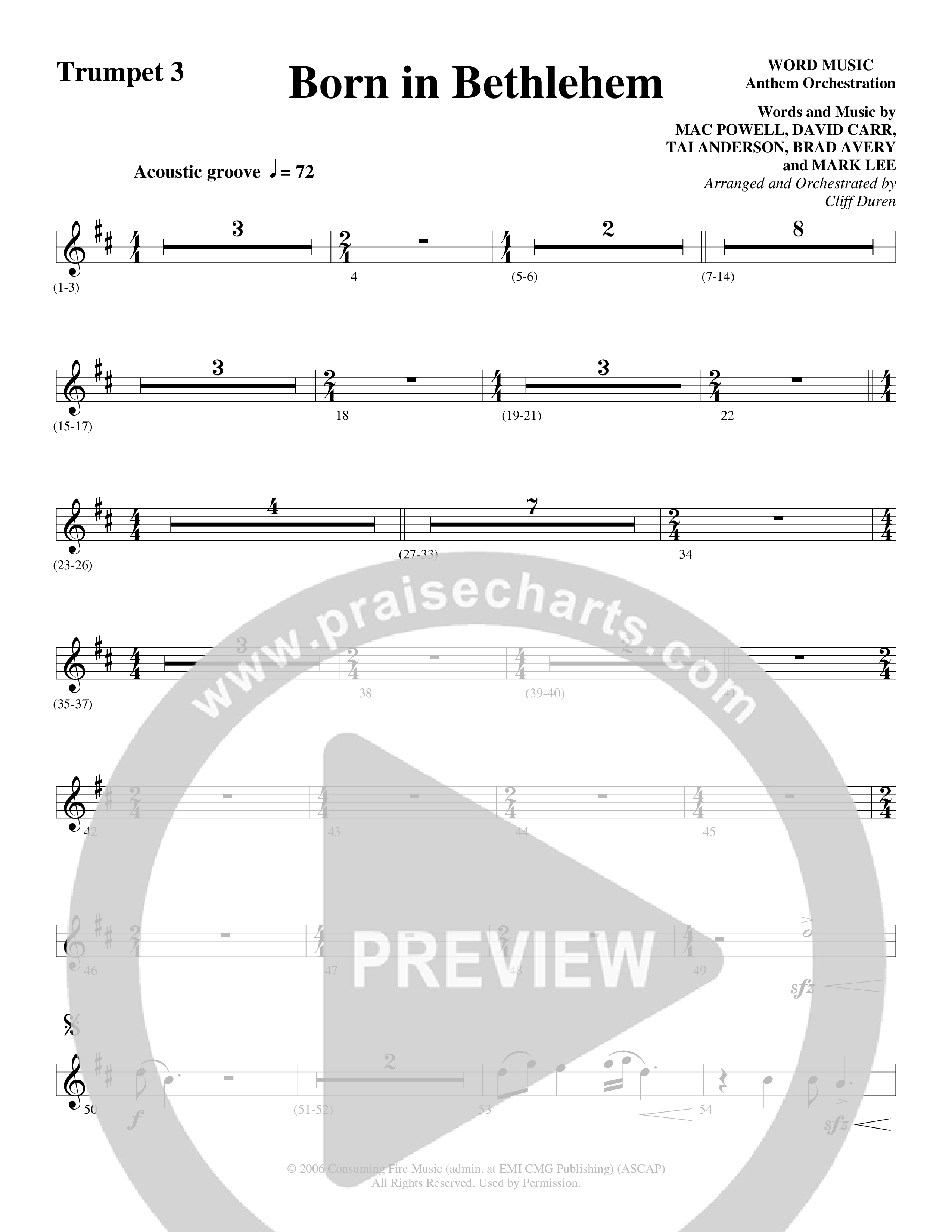 Born In Bethlehem (Choral Anthem SATB) Trumpet 3 (Word Music Choral / Arr. Cliff Duren)