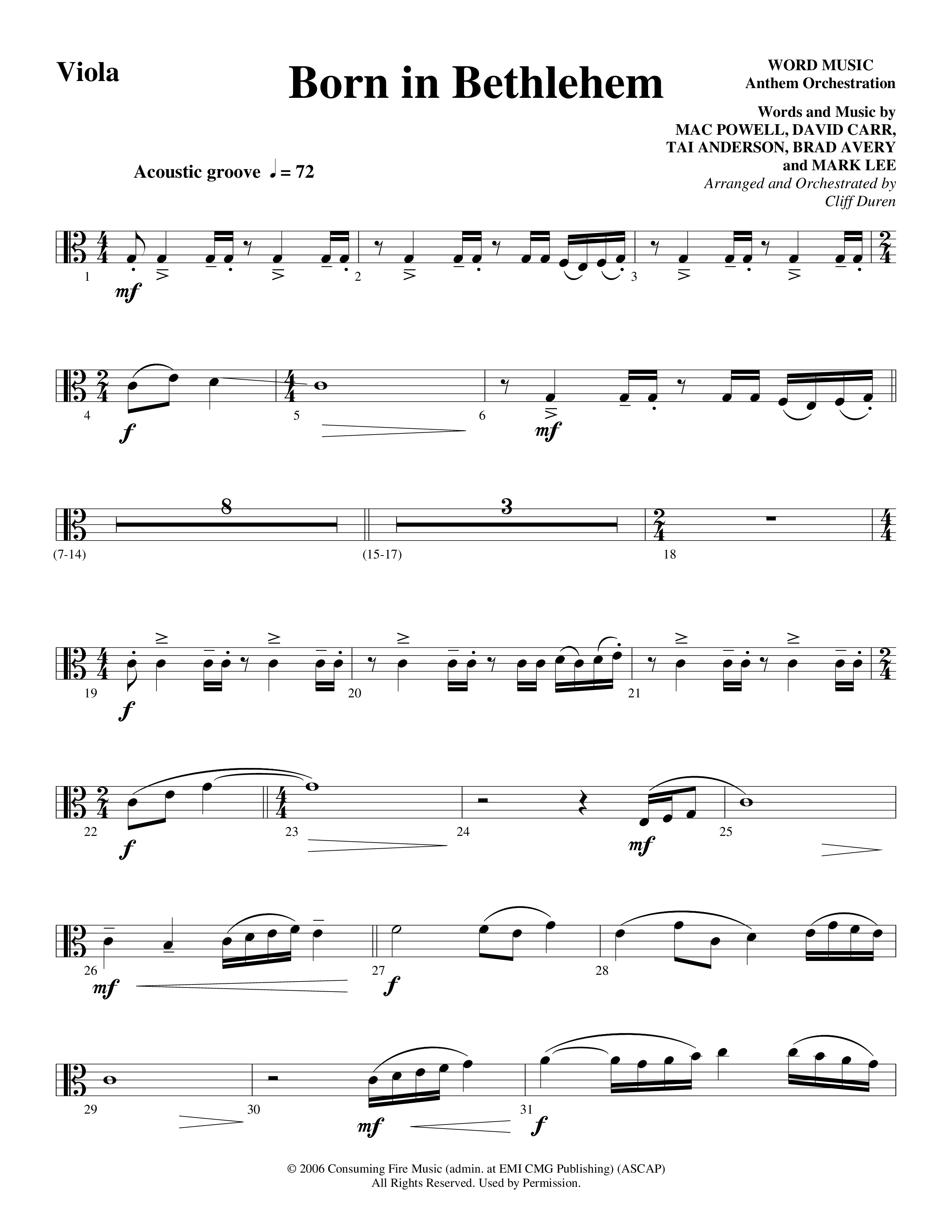 Born In Bethlehem (Choral Anthem SATB) Viola (Word Music Choral / Arr. Cliff Duren)