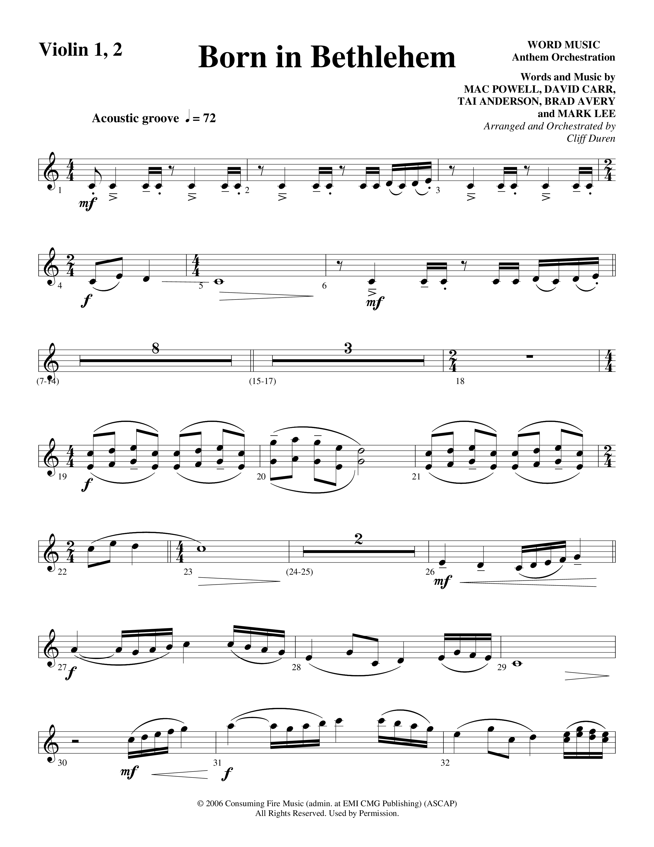 Born In Bethlehem (Choral Anthem SATB) Violin 1/2 (Word Music Choral / Arr. Cliff Duren)