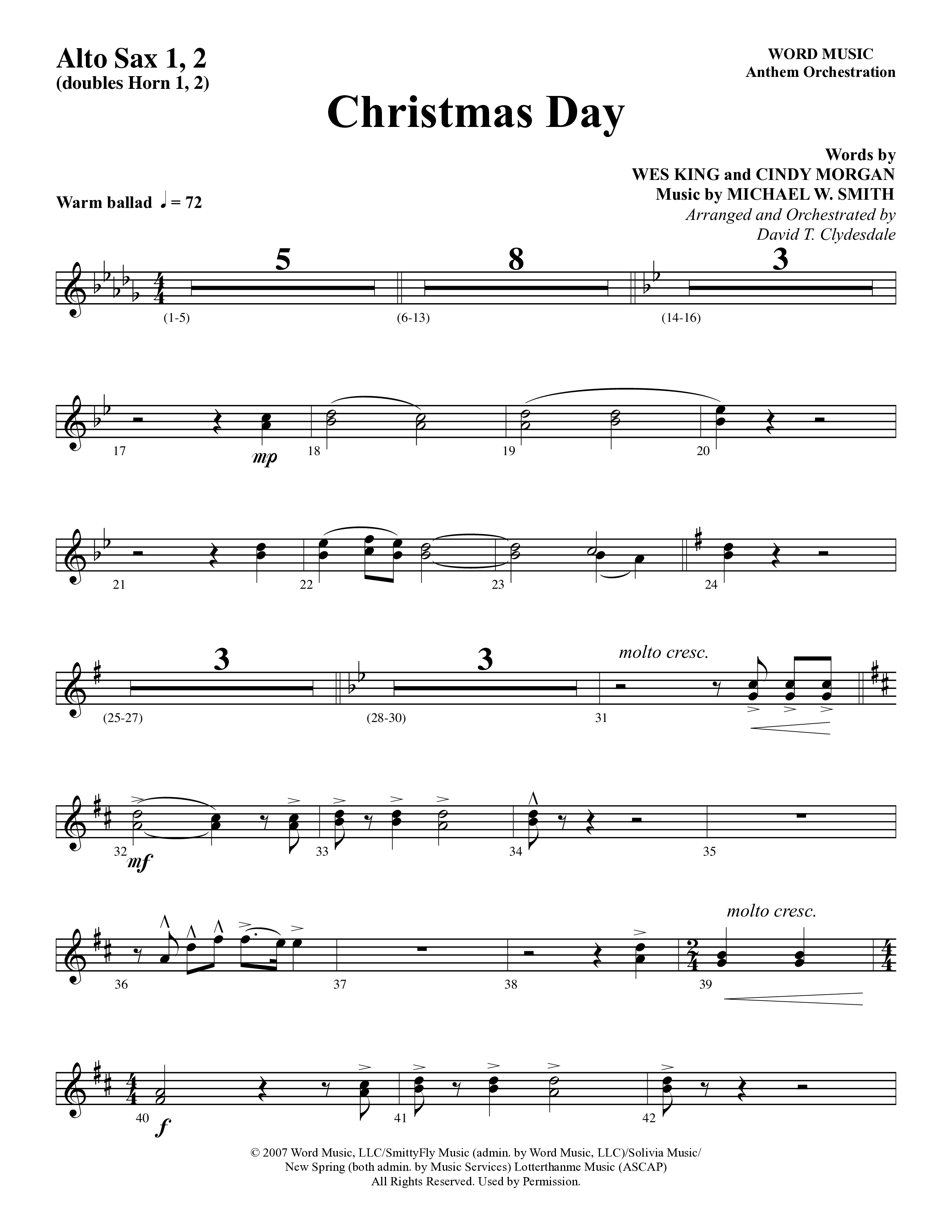 Christmas Day (Choral Anthem SATB) Alto Sax 1/2 (Word Music Choral / Arr. David Clydesdale)
