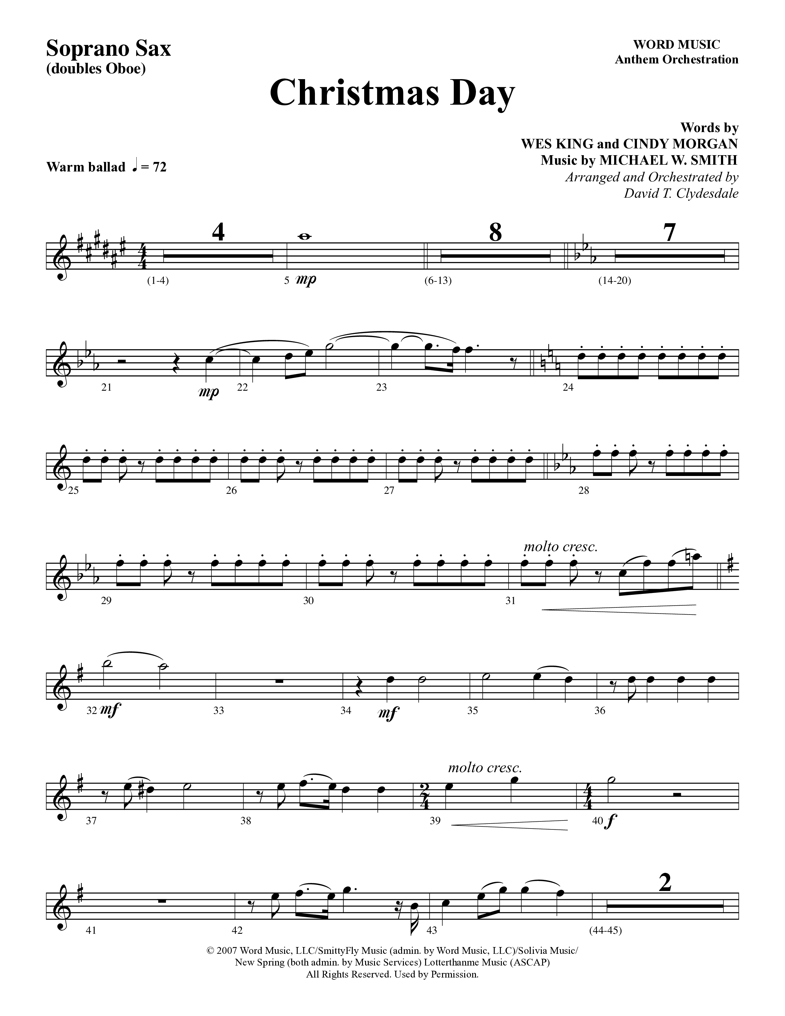 Christmas Day (Choral Anthem SATB) Soprano Sax (Word Music Choral / Arr. David Clydesdale)