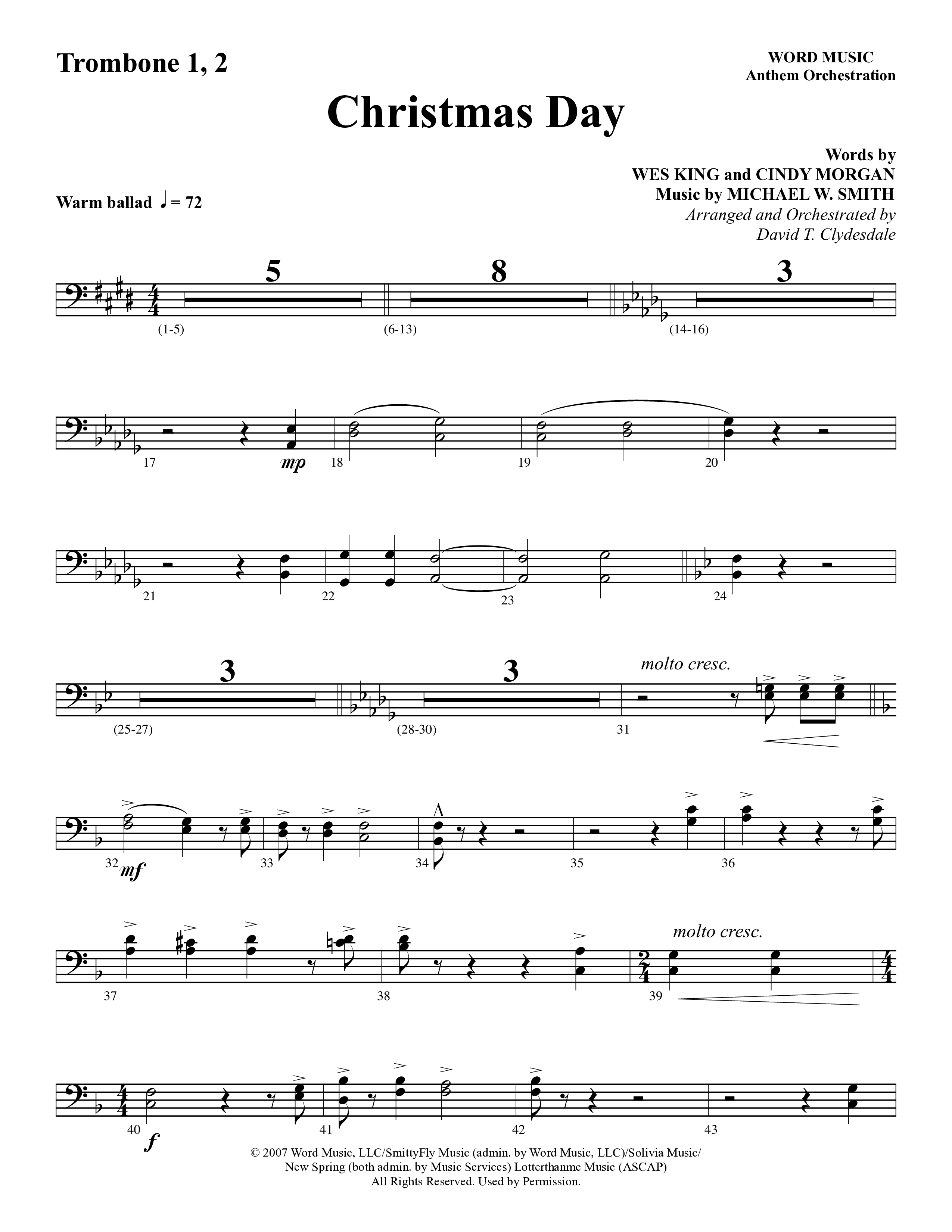 Christmas Day (Choral Anthem SATB) Trombone 1/2 (Word Music Choral / Arr. David Clydesdale)