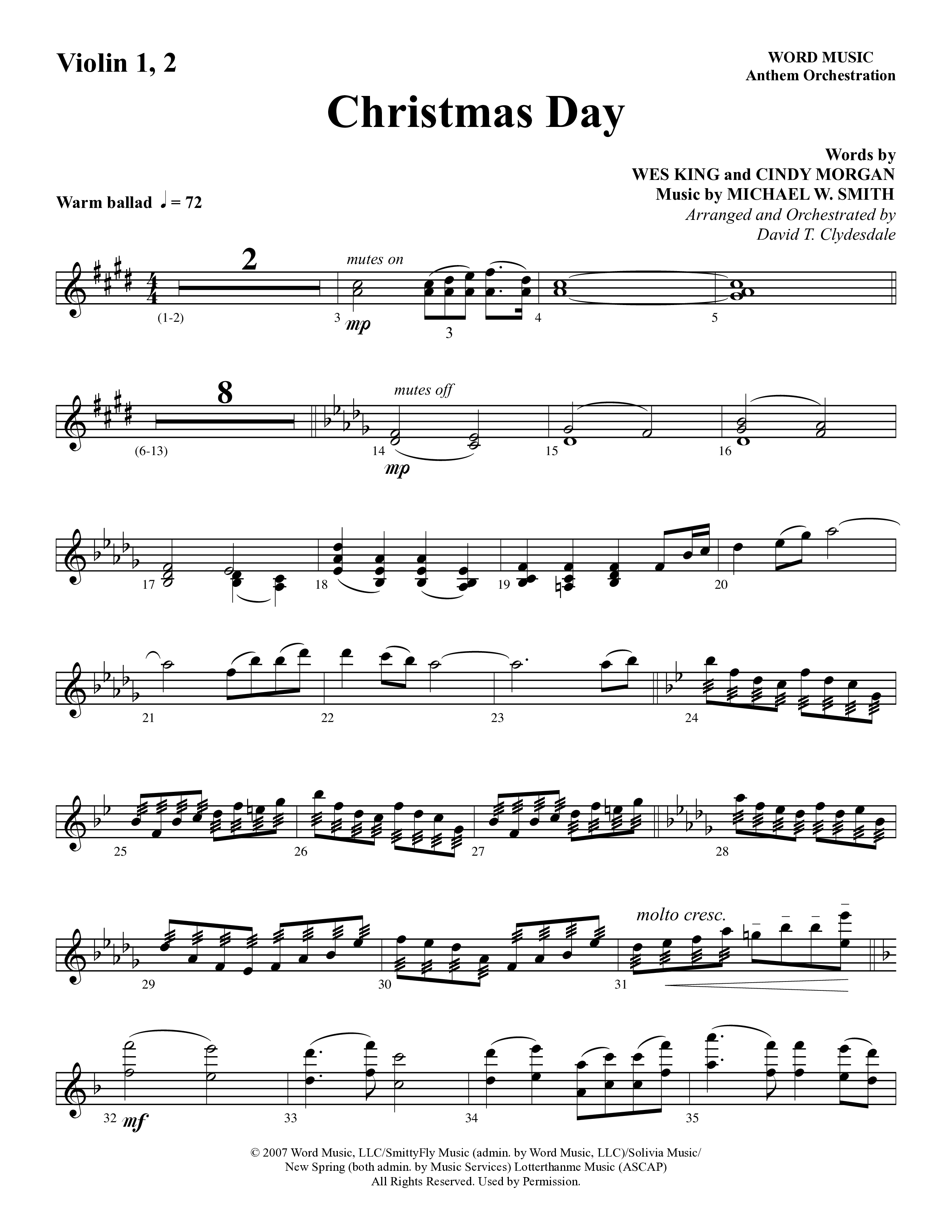 Christmas Day (Choral Anthem SATB) Violin 1/2 (Word Music Choral / Arr. David Clydesdale)