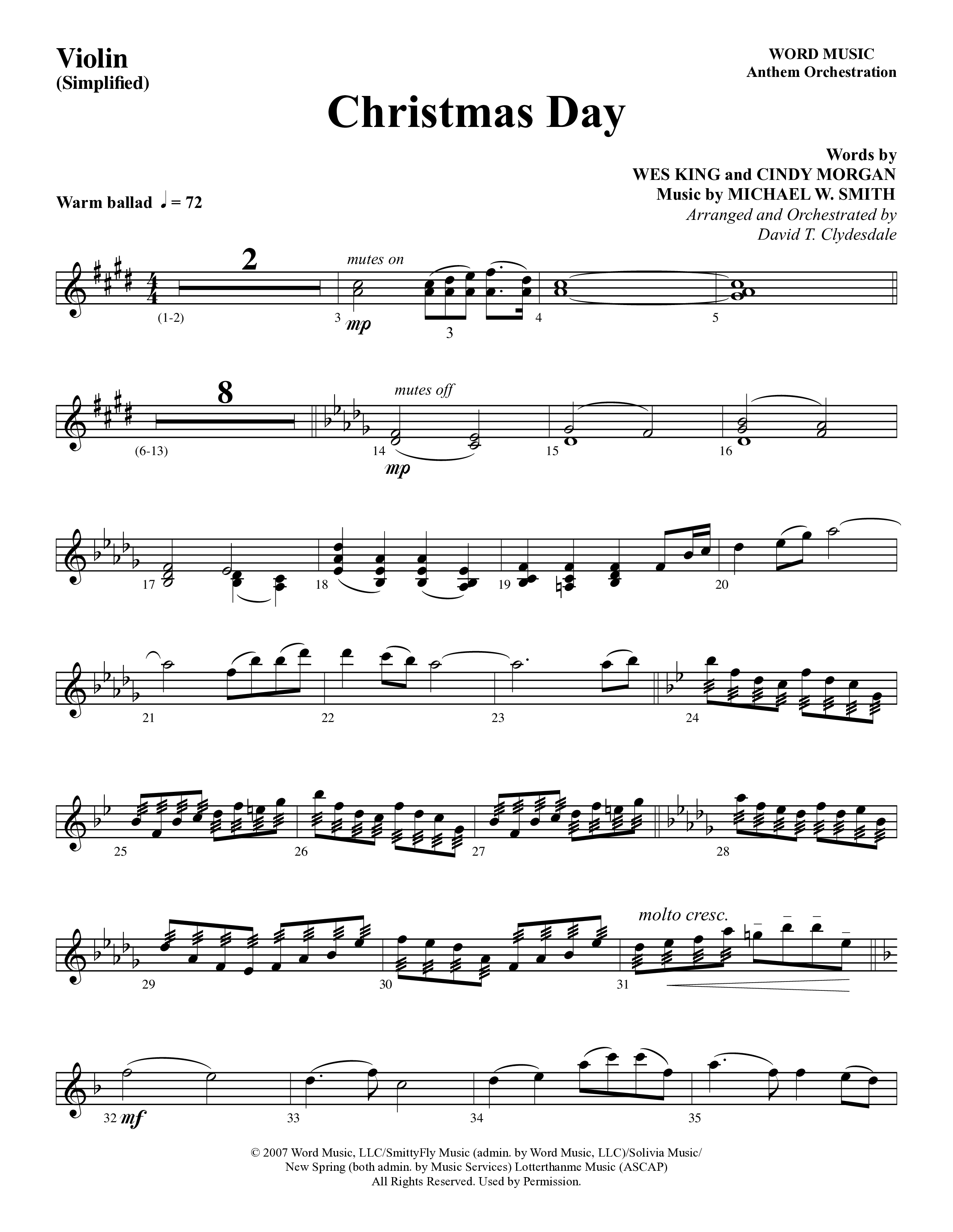 Christmas Day (Choral Anthem SATB) Violin 1/2 (Word Music Choral / Arr. David Clydesdale)