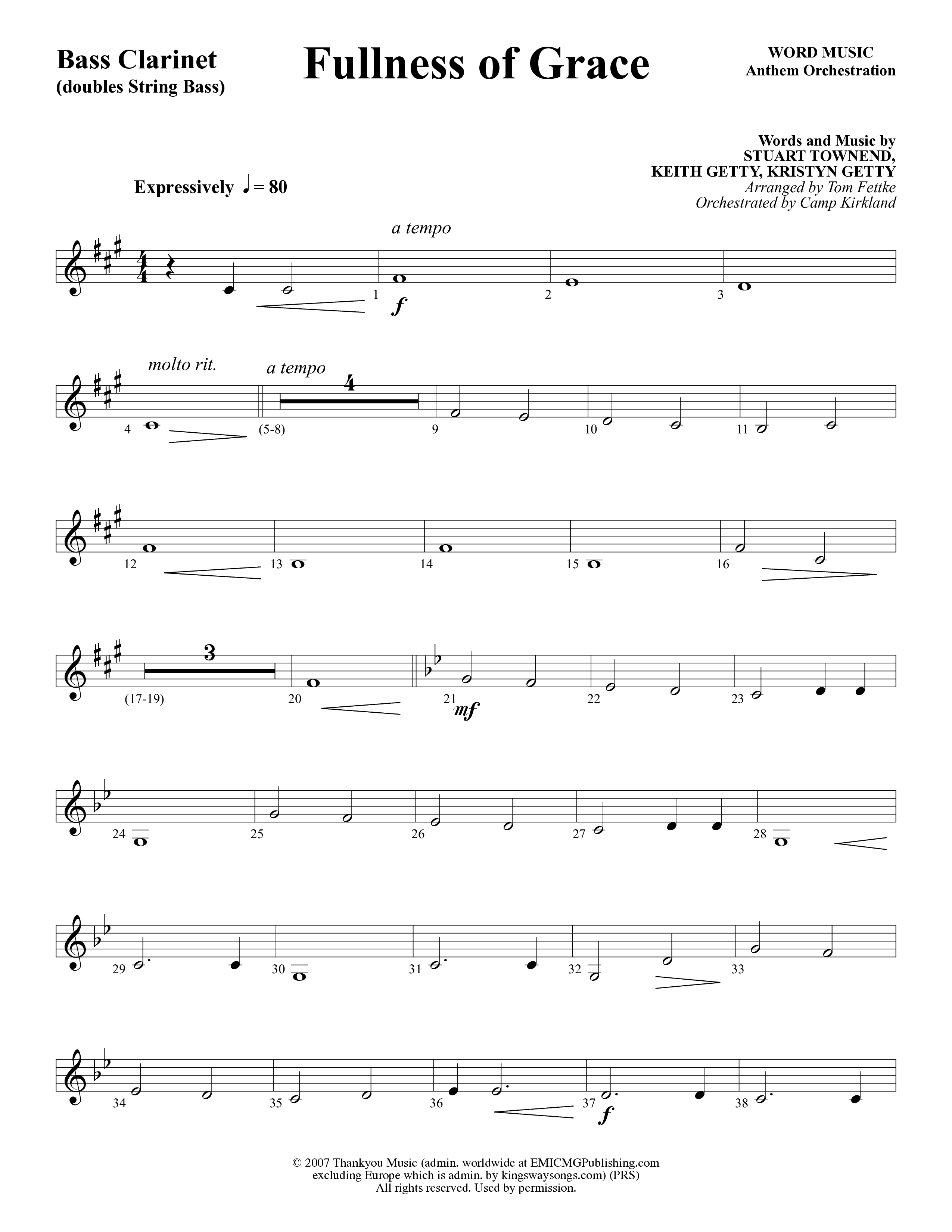 Fullness Of Grace (Choral Anthem SATB) Bass Clarinet (Word Music Choral / Arr. Tom Fettke / Orch. Camp Kirkland)