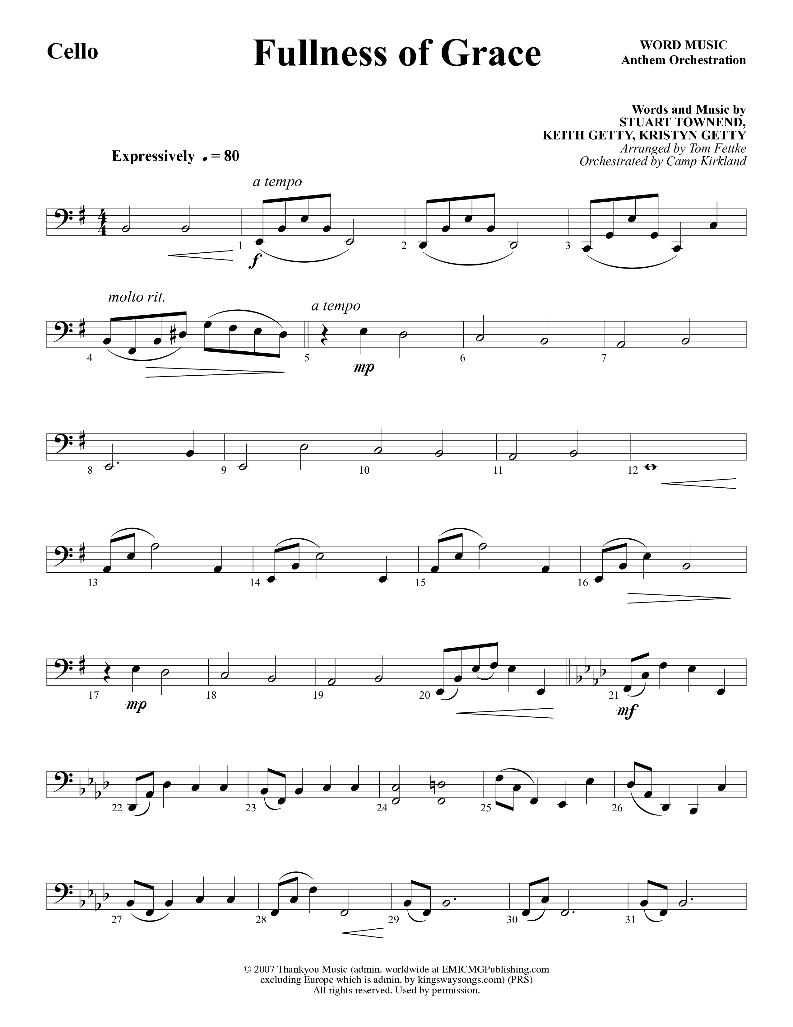 Fullness Of Grace (Choral Anthem SATB) Cello (Word Music Choral / Arr. Tom Fettke / Orch. Camp Kirkland)