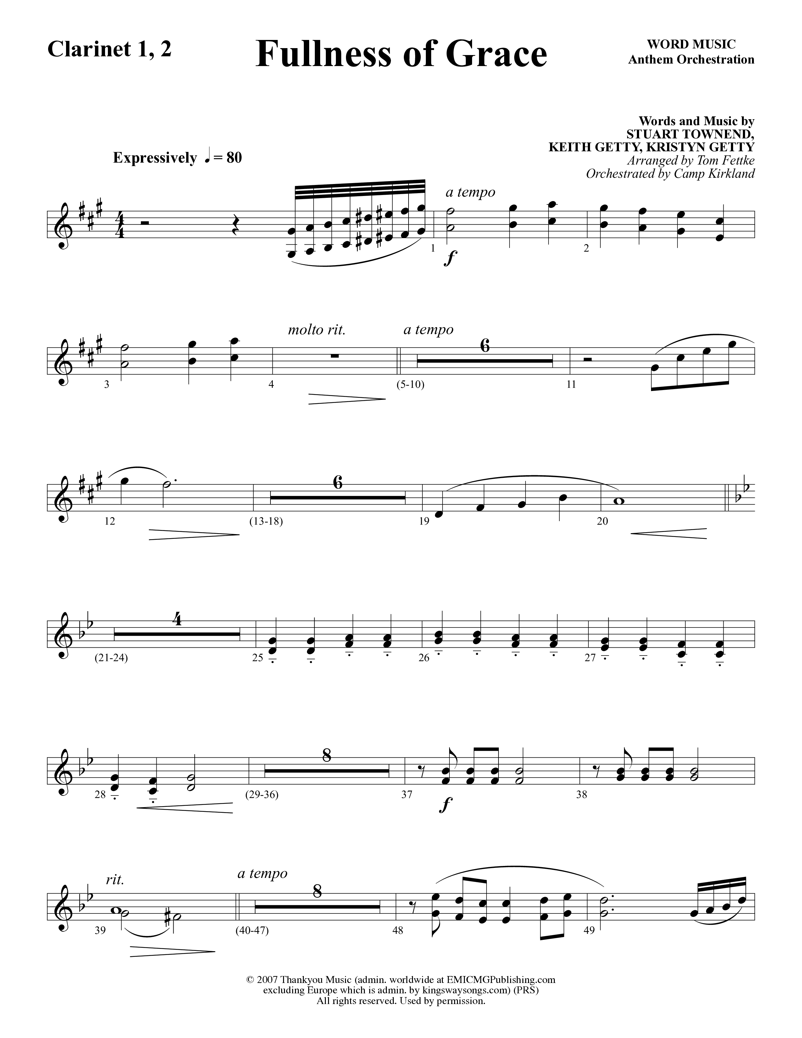 Fullness Of Grace (Choral Anthem SATB) Clarinet 1/2 (Word Music Choral / Arr. Tom Fettke / Orch. Camp Kirkland)