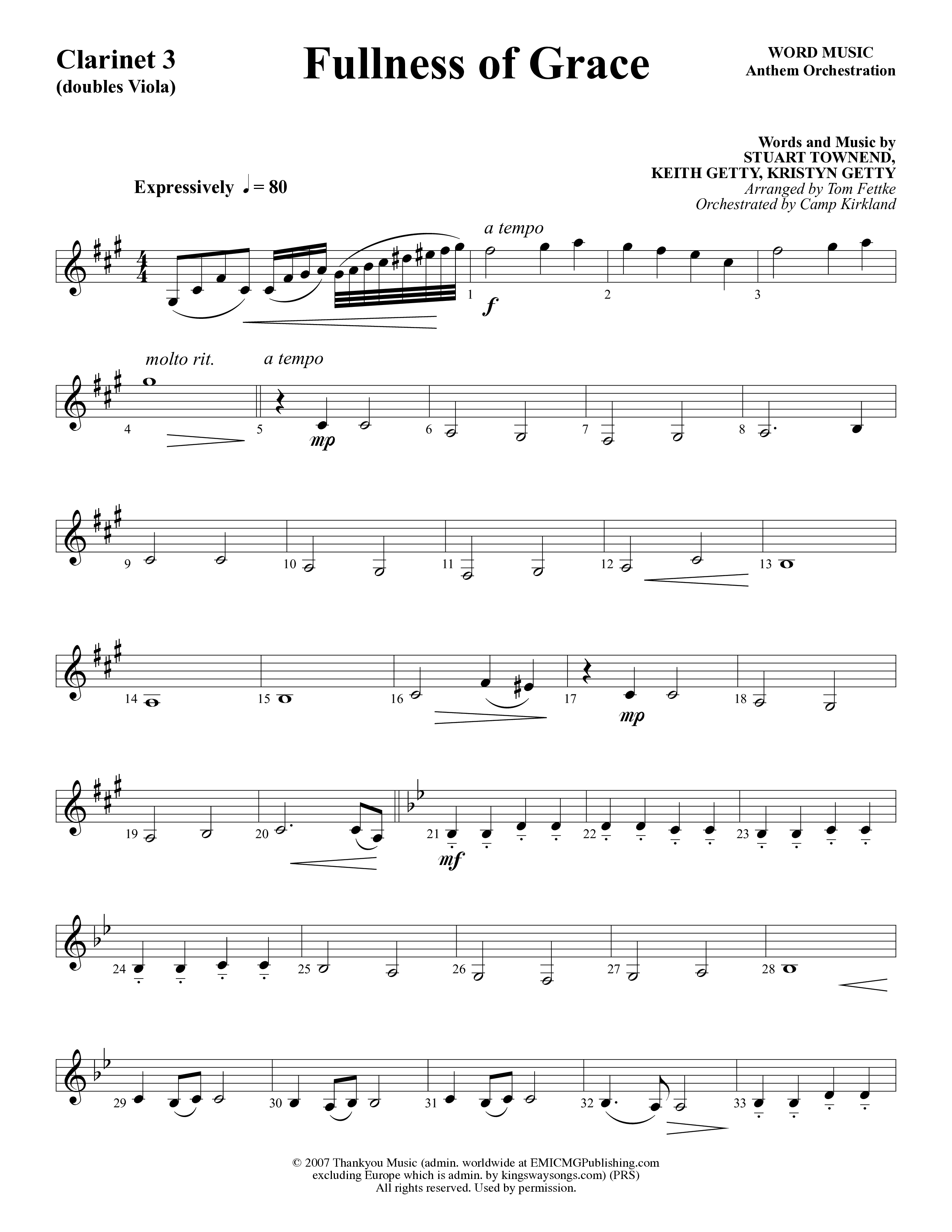 Fullness Of Grace (Choral Anthem SATB) Clarinet 3 (Word Music Choral / Arr. Tom Fettke / Orch. Camp Kirkland)