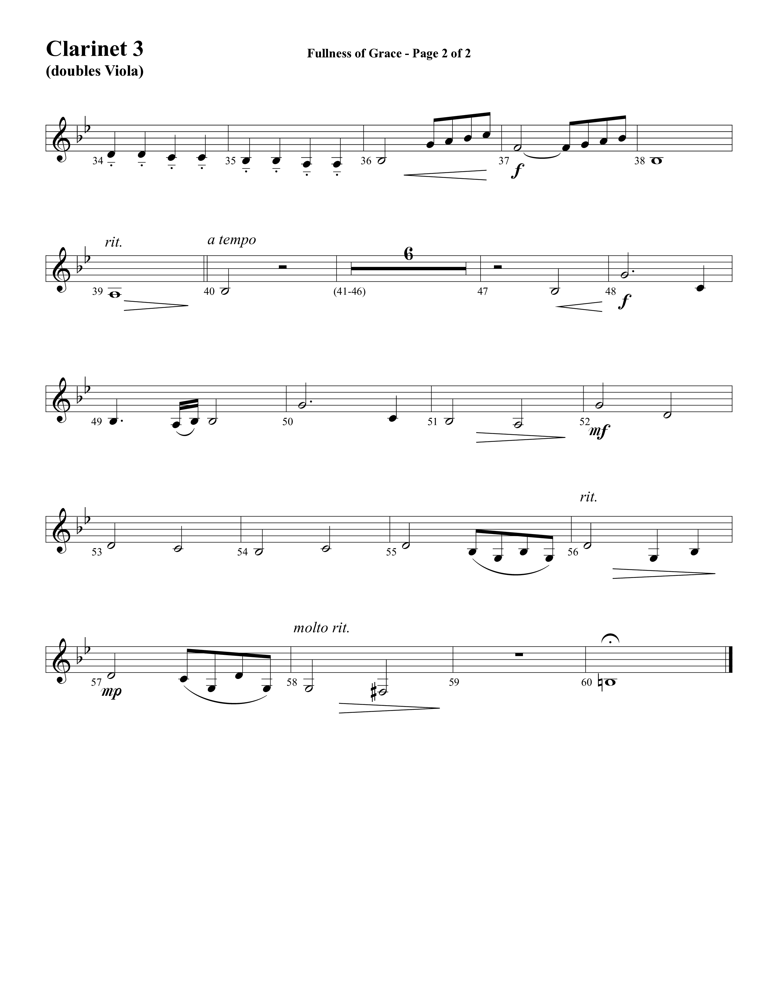 Fullness Of Grace (Choral Anthem SATB) Clarinet 3 (Word Music Choral / Arr. Tom Fettke / Orch. Camp Kirkland)