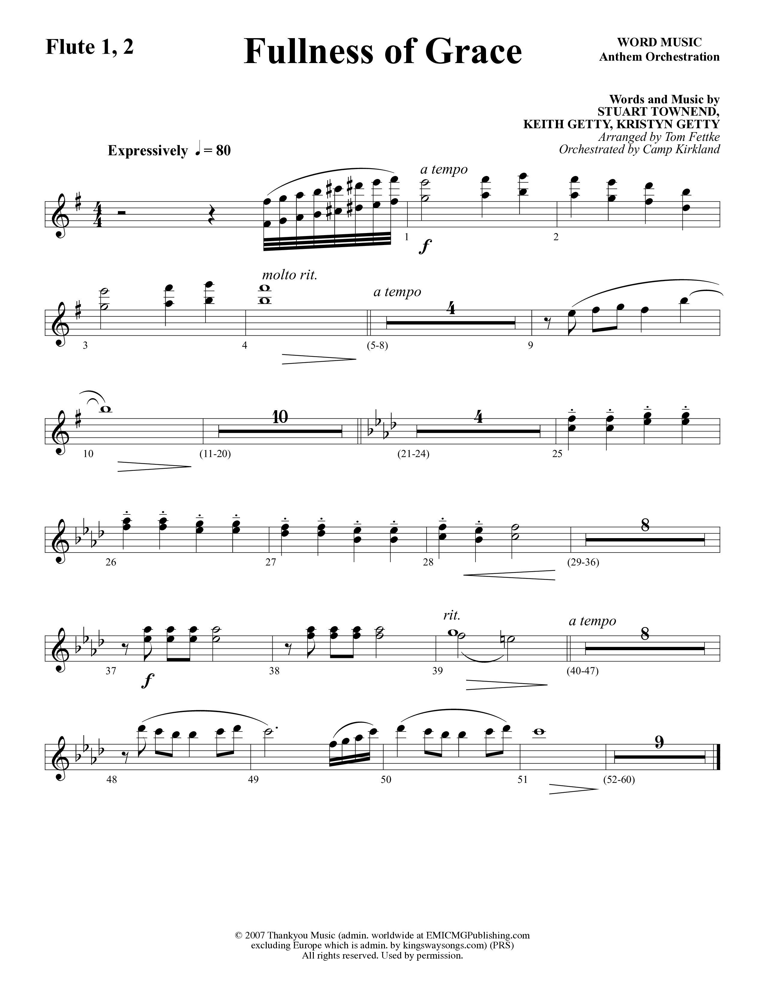 Fullness Of Grace (Choral Anthem SATB) Flute 1/2 (Word Music Choral / Arr. Tom Fettke / Orch. Camp Kirkland)