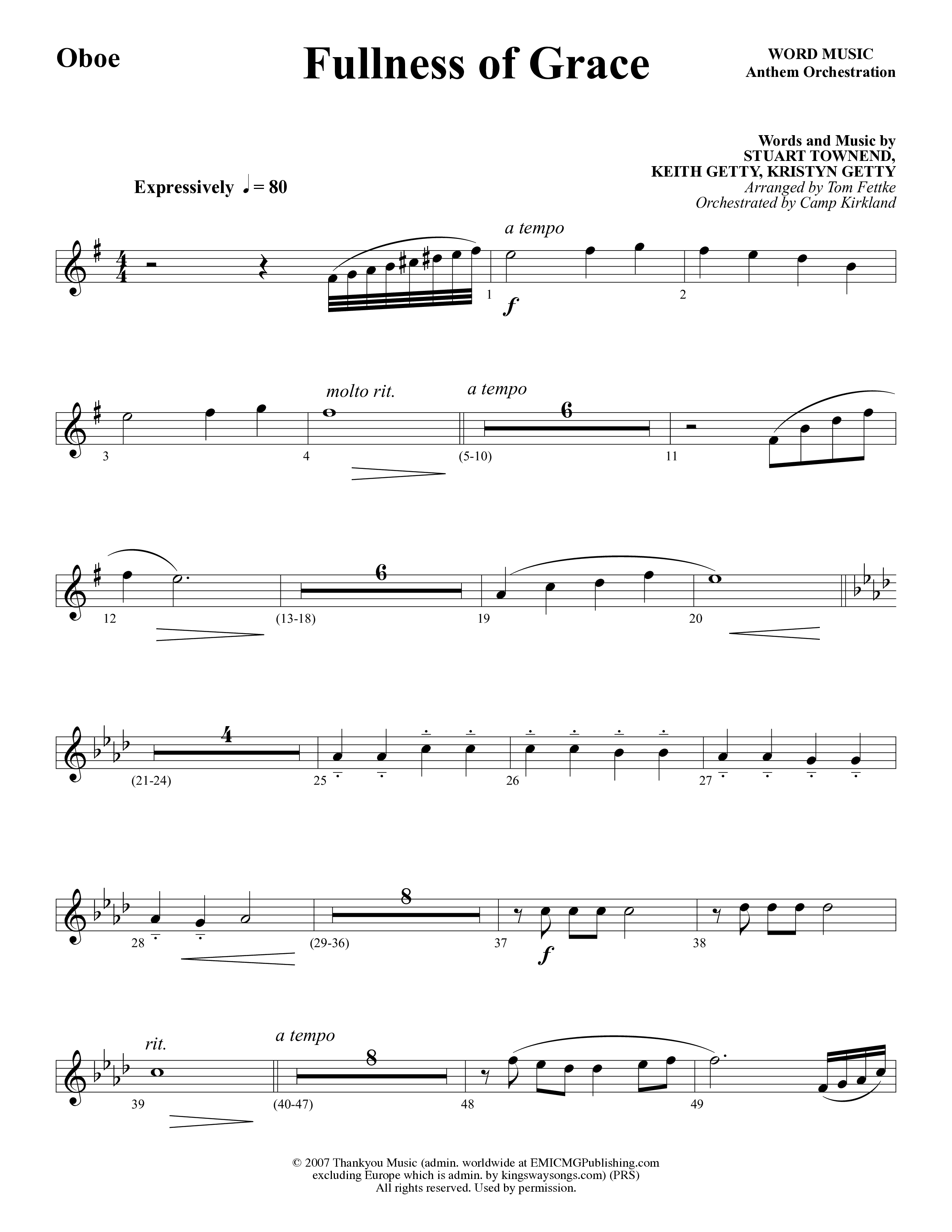 Fullness Of Grace (Choral Anthem SATB) Oboe (Word Music Choral / Arr. Tom Fettke / Orch. Camp Kirkland)