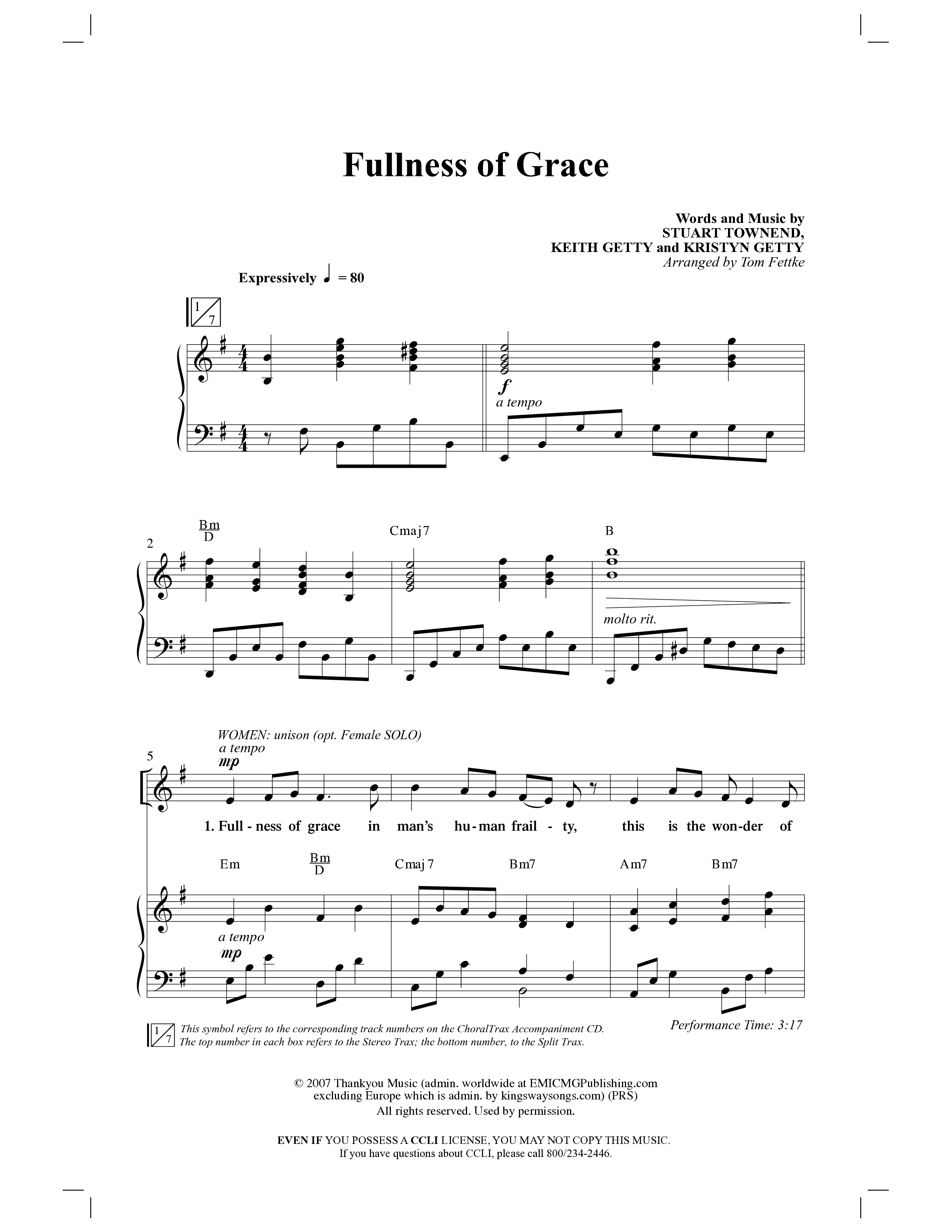 Fullness Of Grace (Choral Anthem SATB) Anthem (SATB/Piano) (Word Music Choral / Arr. Tom Fettke / Orch. Camp Kirkland)
