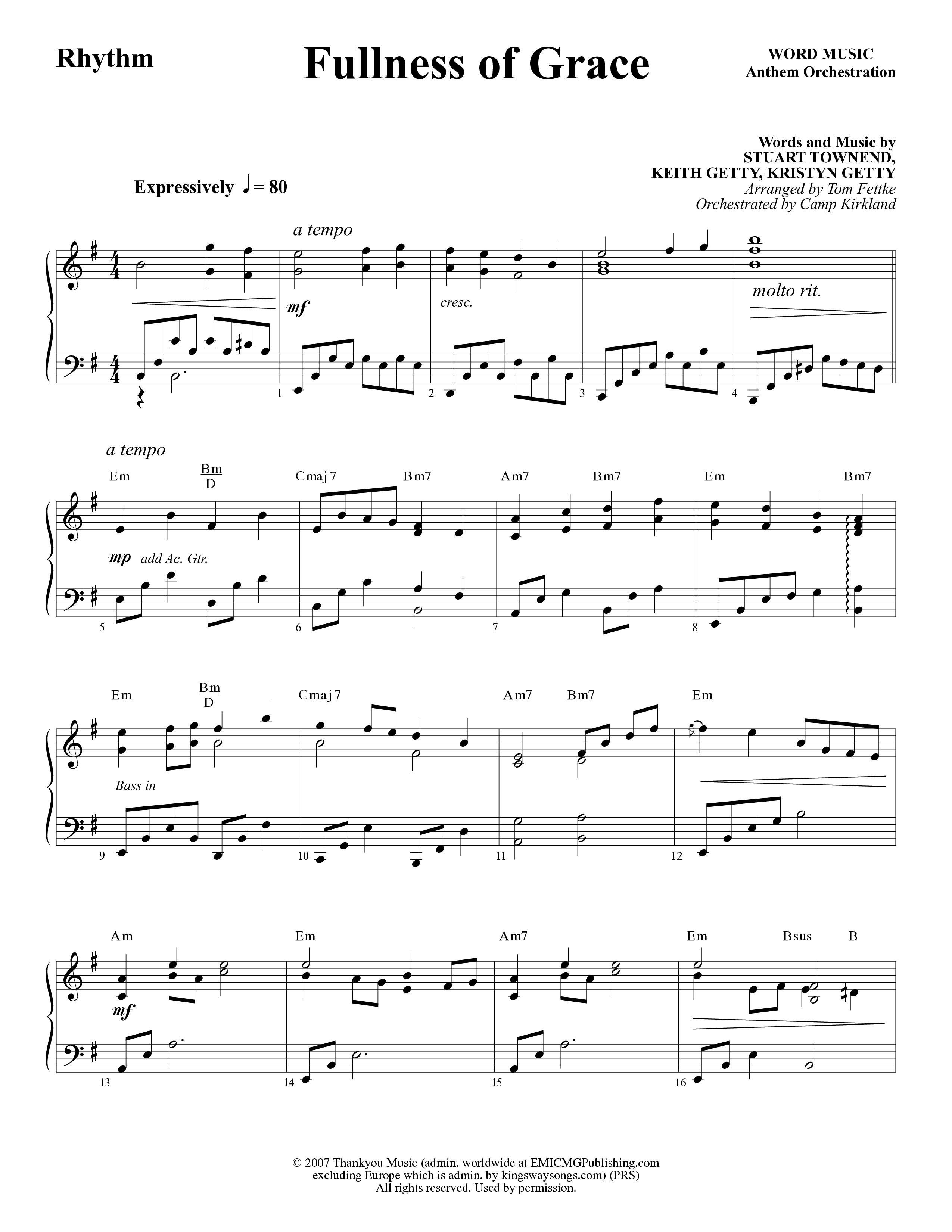 Fullness Of Grace (Choral Anthem SATB) Rhythm Chart (Word Music Choral / Arr. Tom Fettke / Orch. Camp Kirkland)