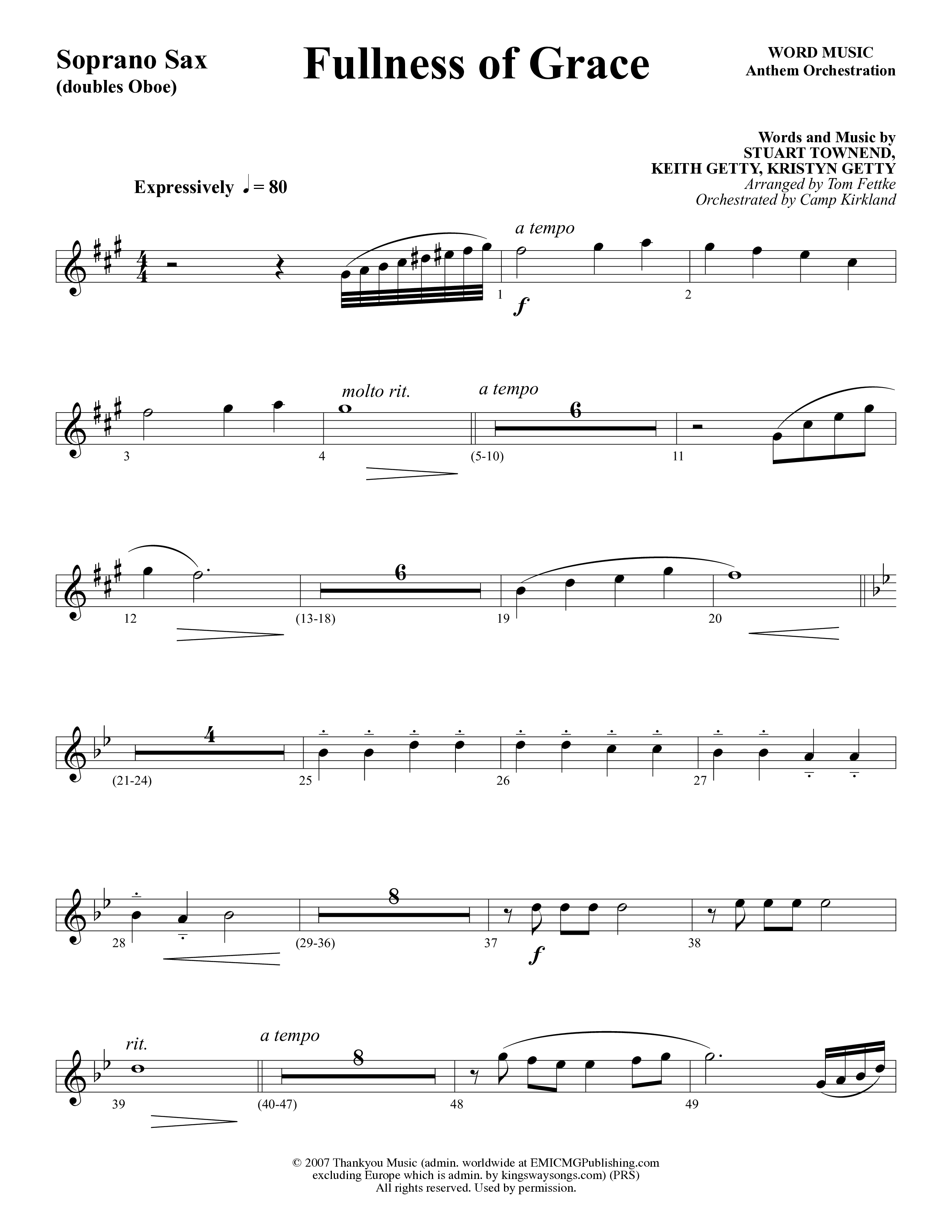 Fullness Of Grace (Choral Anthem SATB) Soprano Sax (Word Music Choral / Arr. Tom Fettke / Orch. Camp Kirkland)
