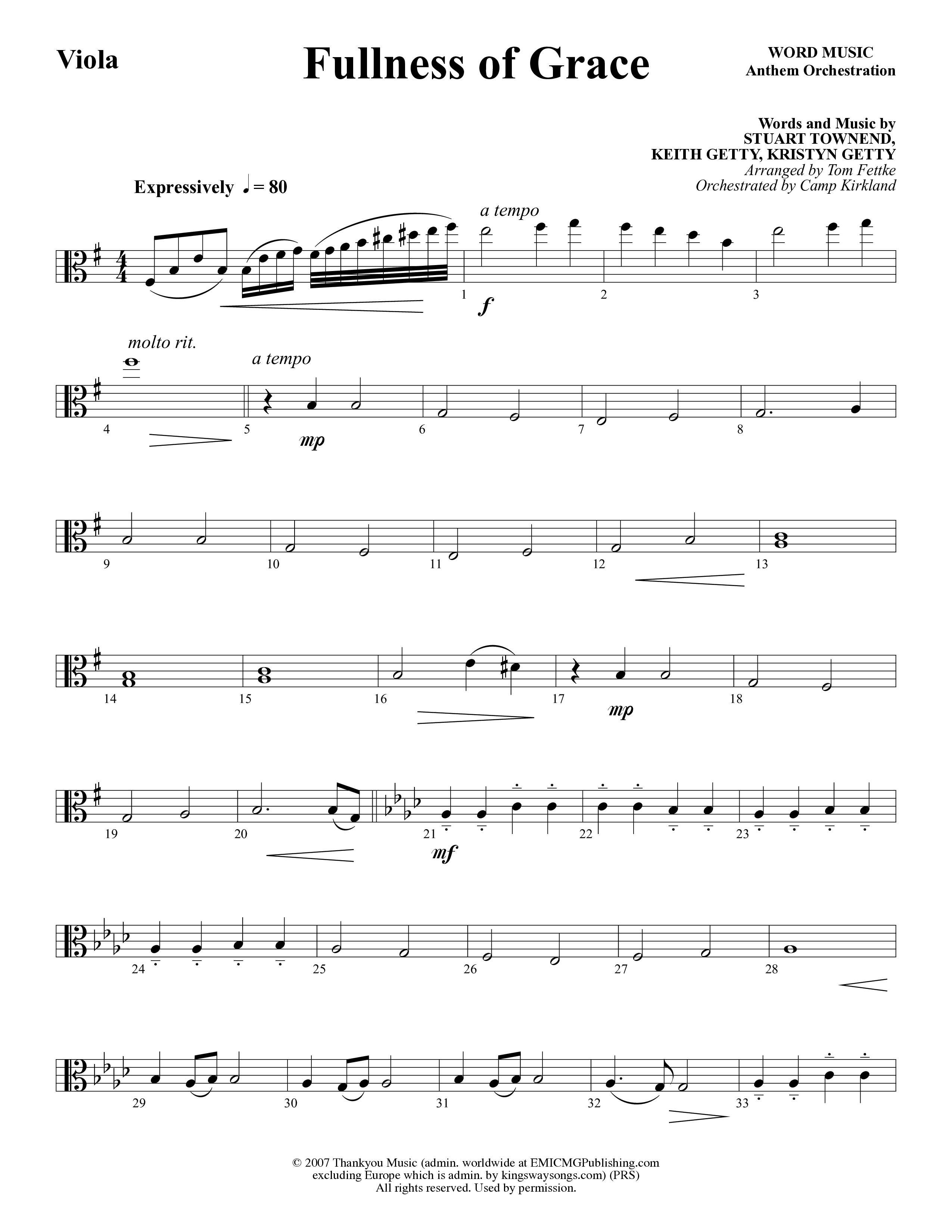 Fullness Of Grace (Choral Anthem SATB) Viola (Word Music Choral / Arr. Tom Fettke / Orch. Camp Kirkland)