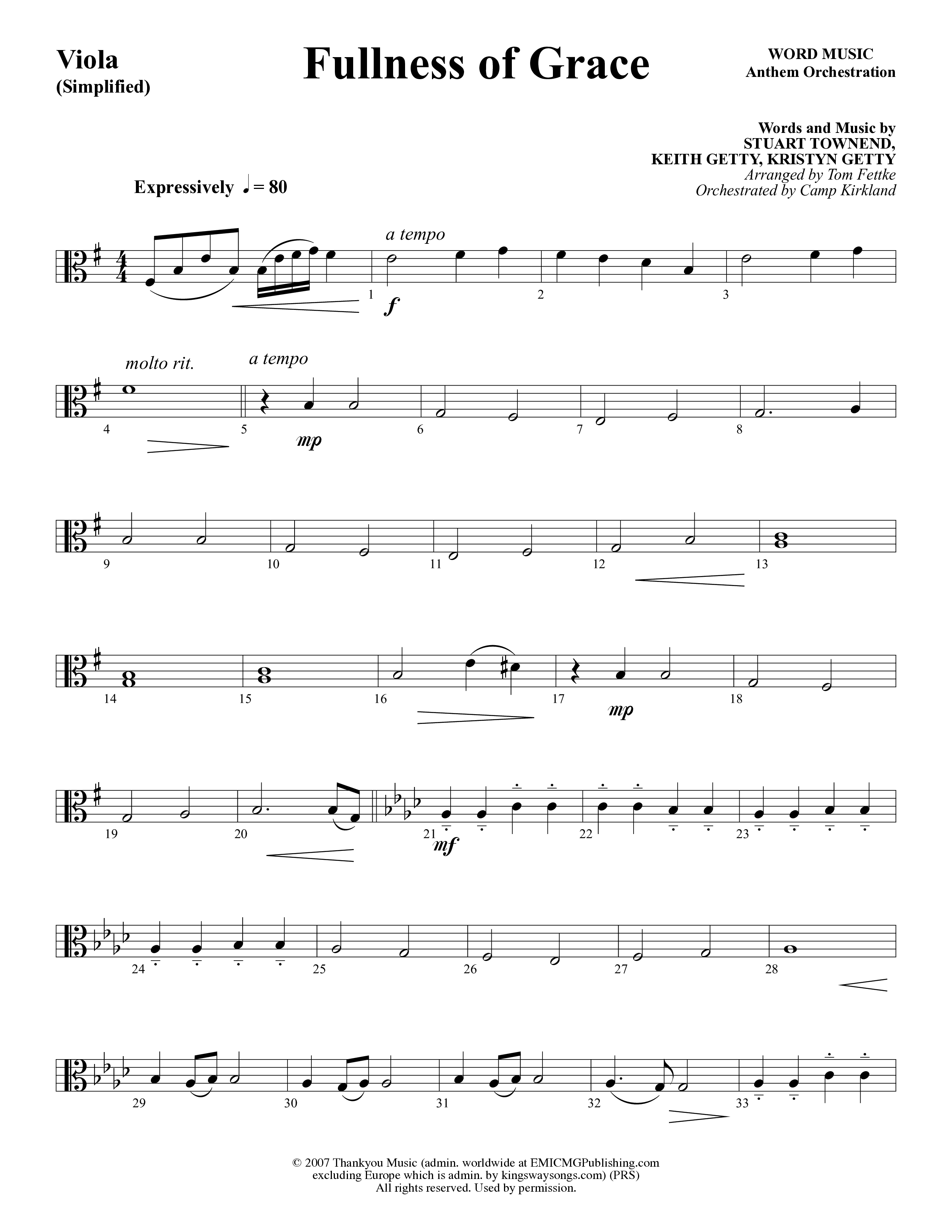Fullness Of Grace (Choral Anthem SATB) Viola (Word Music Choral / Arr. Tom Fettke / Orch. Camp Kirkland)