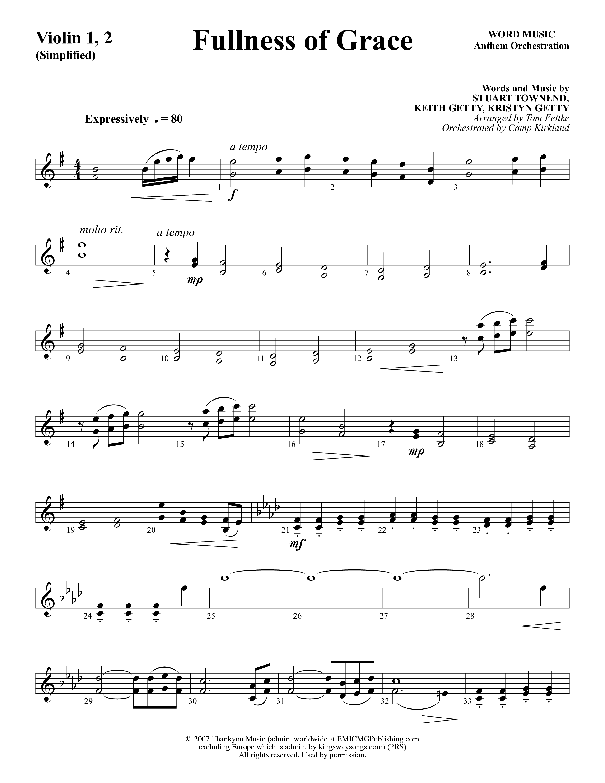 Fullness Of Grace (Choral Anthem SATB) Violin 1/2 (Word Music Choral / Arr. Tom Fettke / Orch. Camp Kirkland)