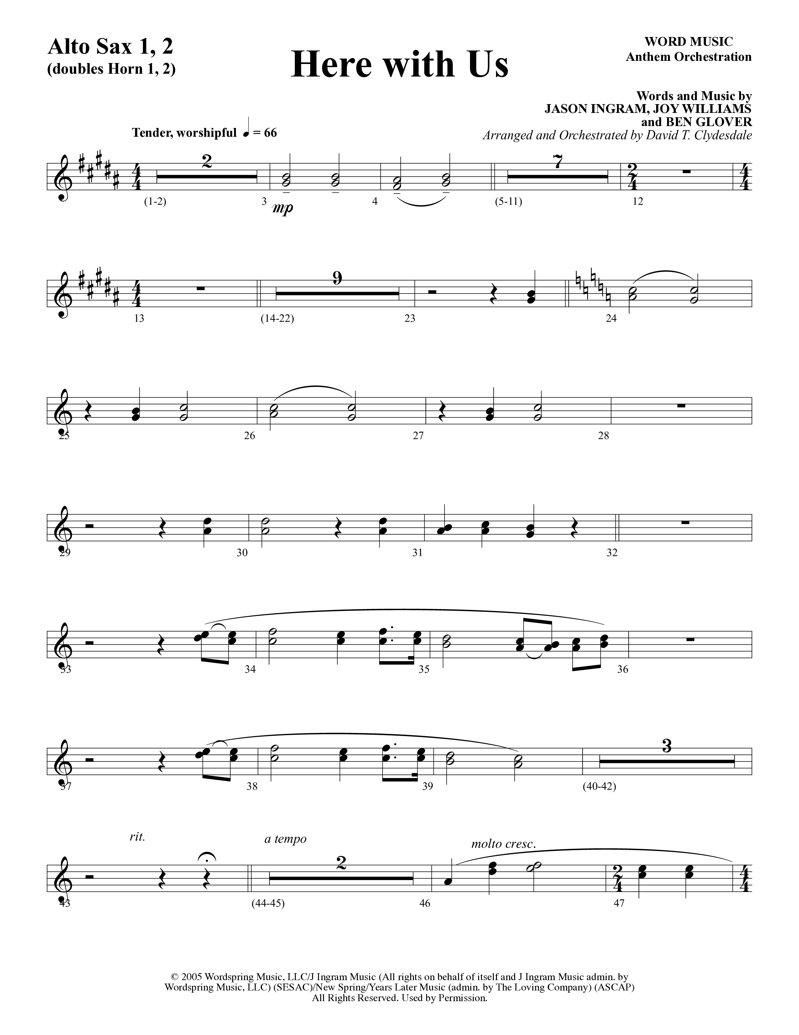 Here With Us (Choral Anthem SATB) Alto Sax 1/2 (Word Music Choral / Arr. David Clydesdale)