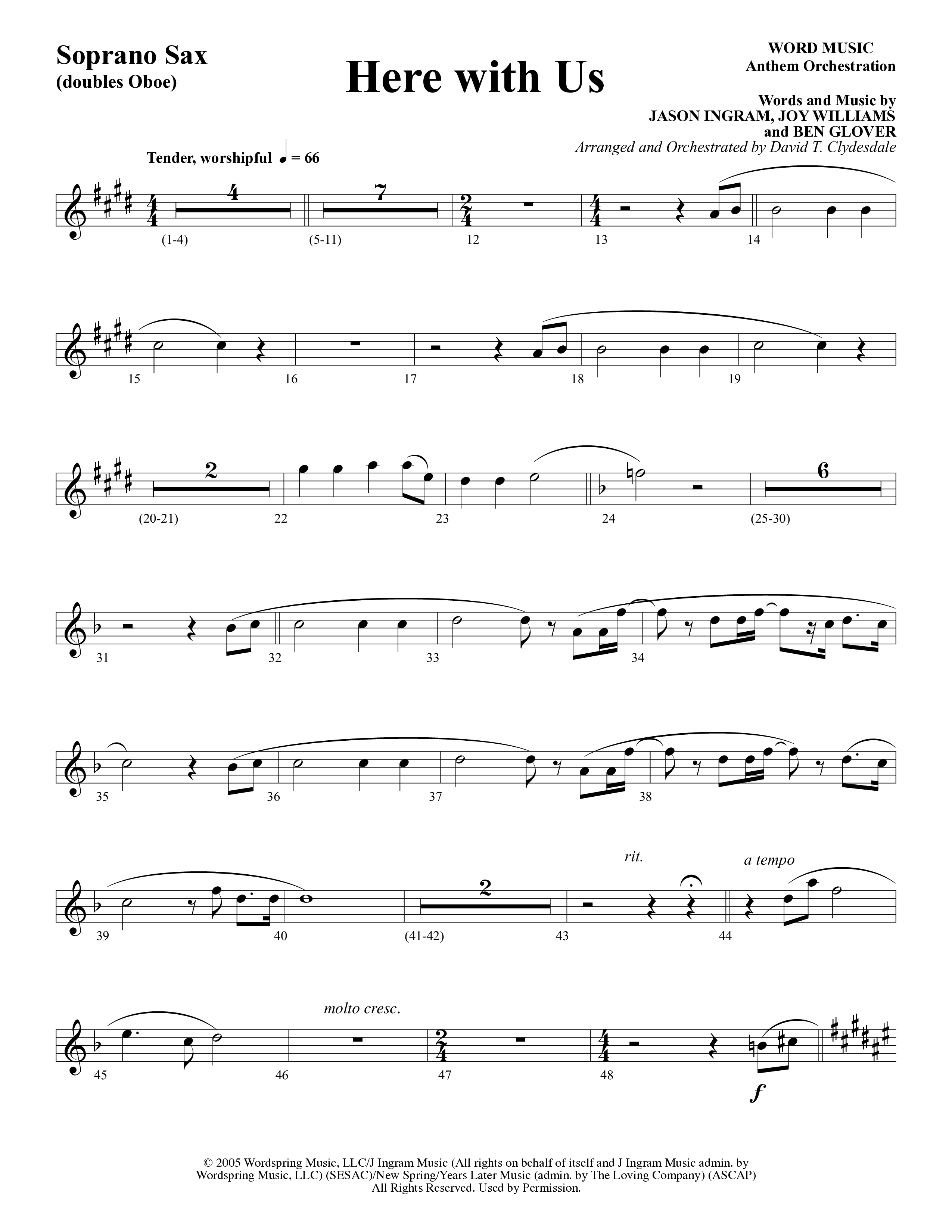 Here With Us (Choral Anthem SATB) Soprano Sax (Word Music Choral / Arr. David Clydesdale)