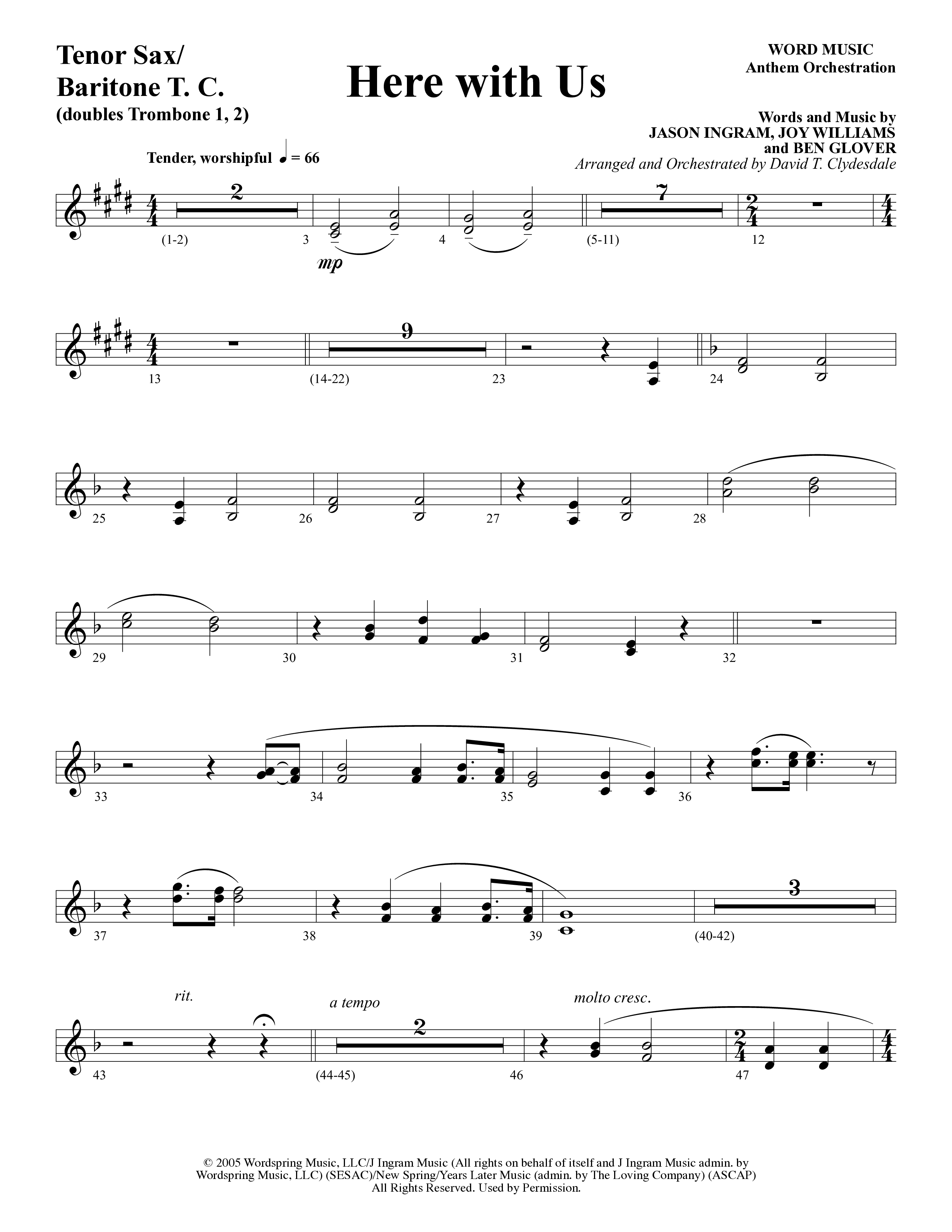 Here With Us (Choral Anthem SATB) Tenor Sax/Baritone T.C. (Word Music Choral / Arr. David Clydesdale)