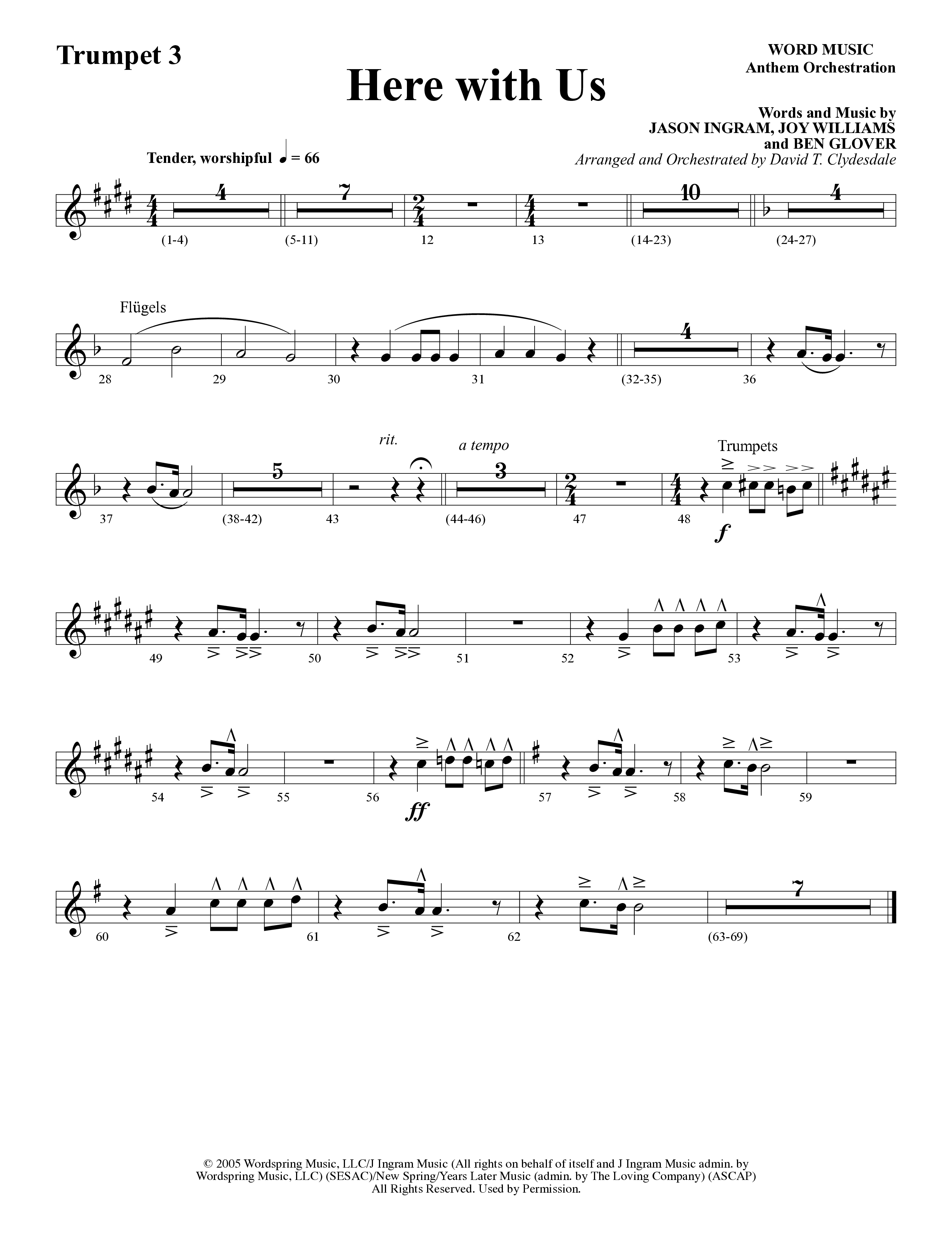 Here With Us (Choral Anthem SATB) Trumpet 3 (Word Music Choral / Arr. David Clydesdale)