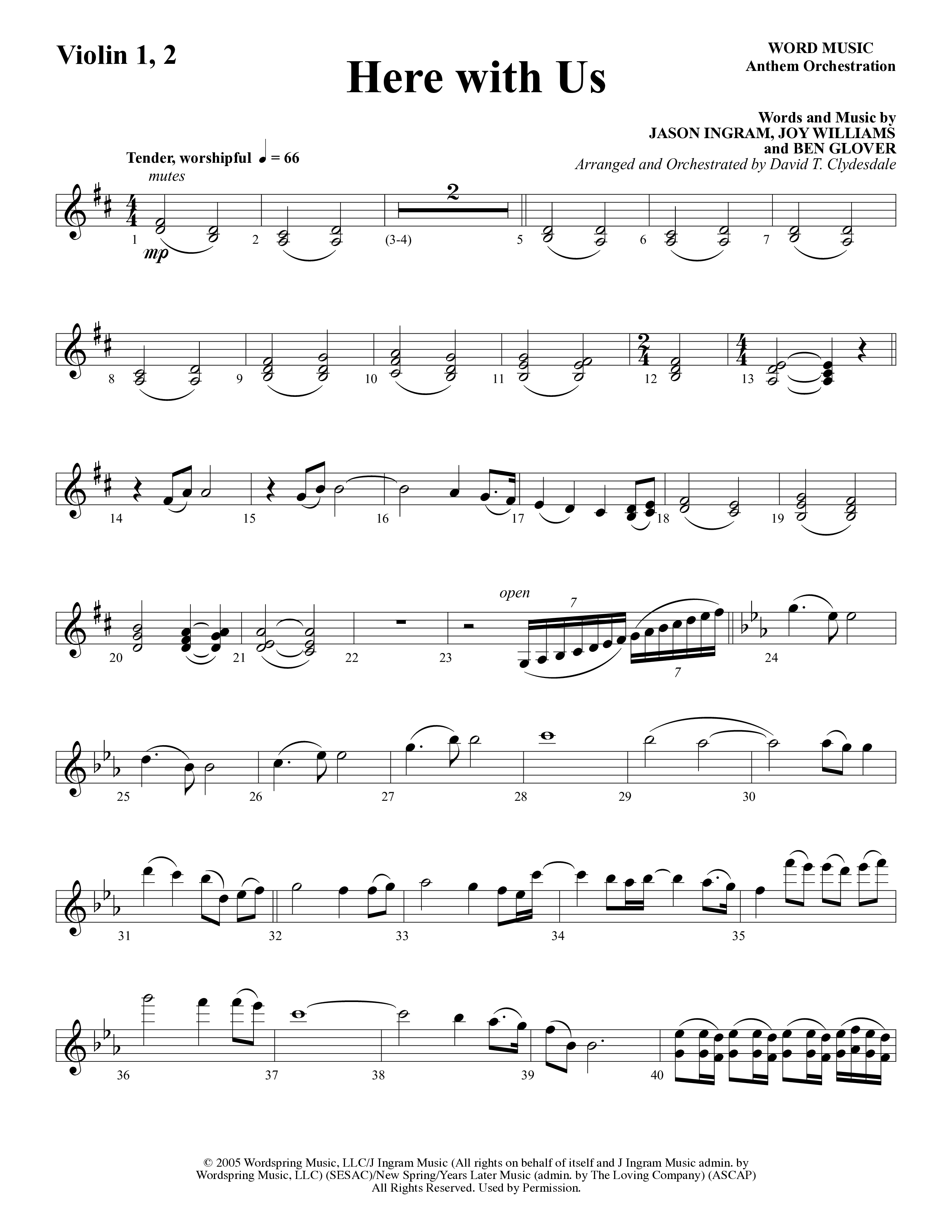 Here With Us (Choral Anthem SATB) Violin 1/2 (Word Music Choral / Arr. David Clydesdale)