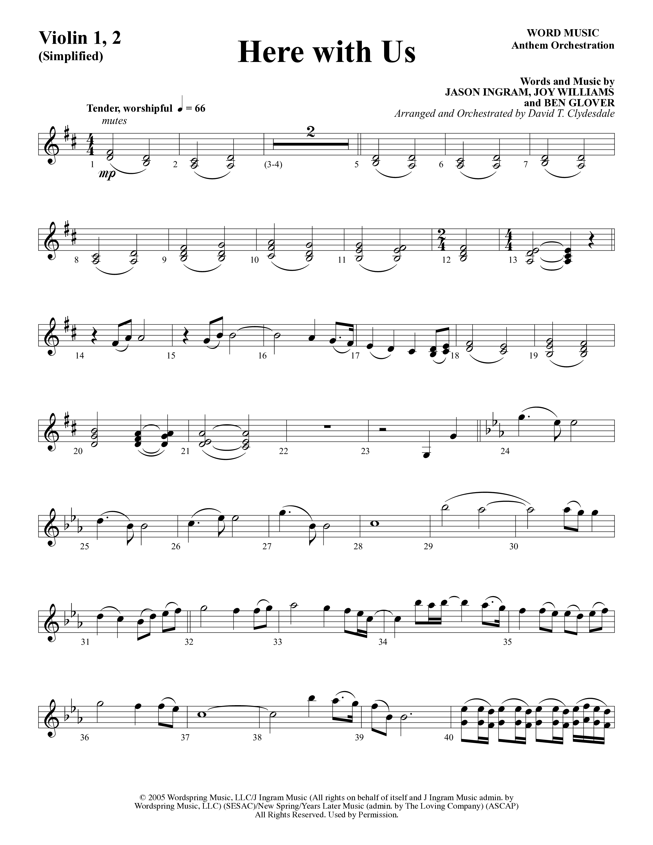 Here With Us (Choral Anthem SATB) Violin 1/2 (Word Music Choral / Arr. David Clydesdale)