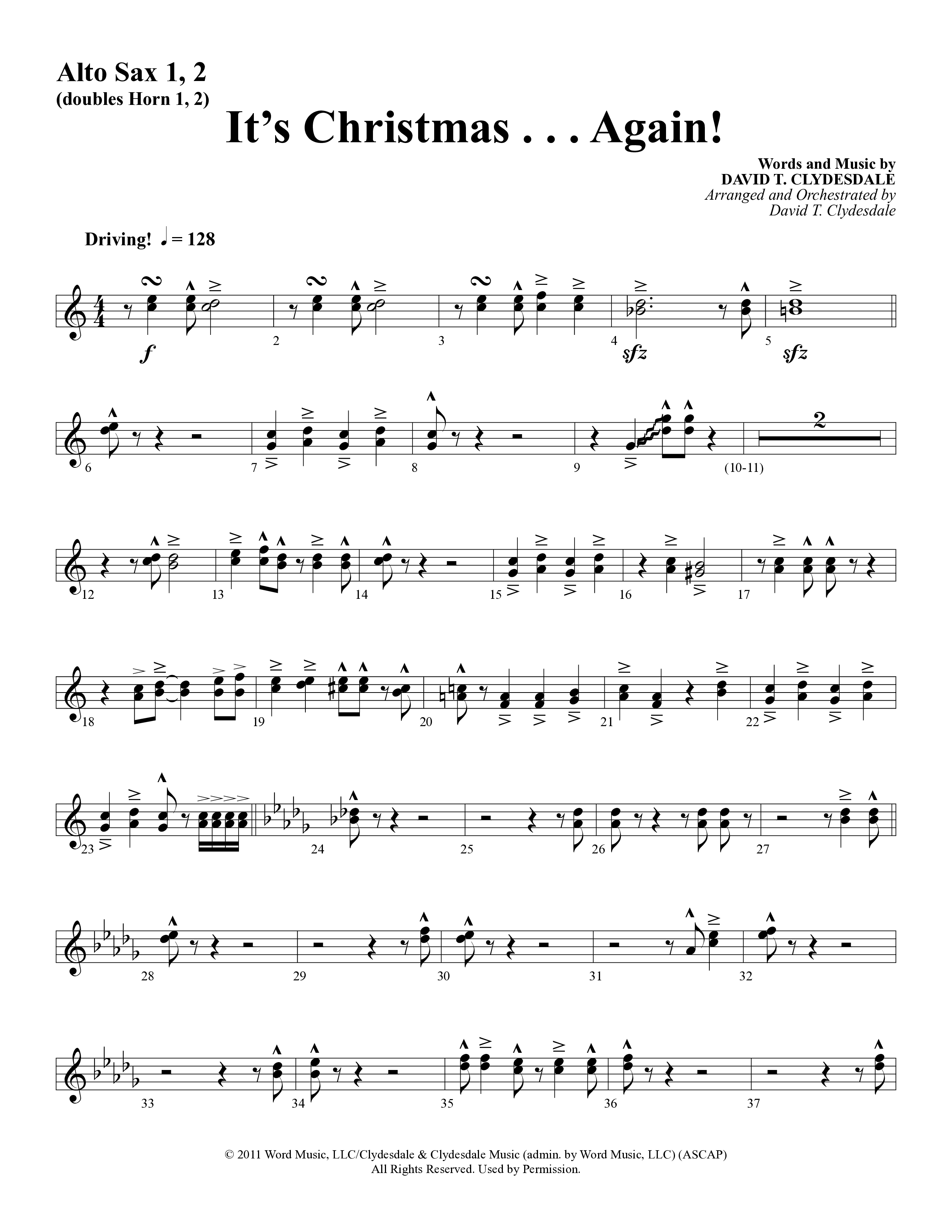 It's Christmas Again (Choral Anthem SATB) Alto Sax 1/2 (Word Music Choral / Arr. David Clydesdale)