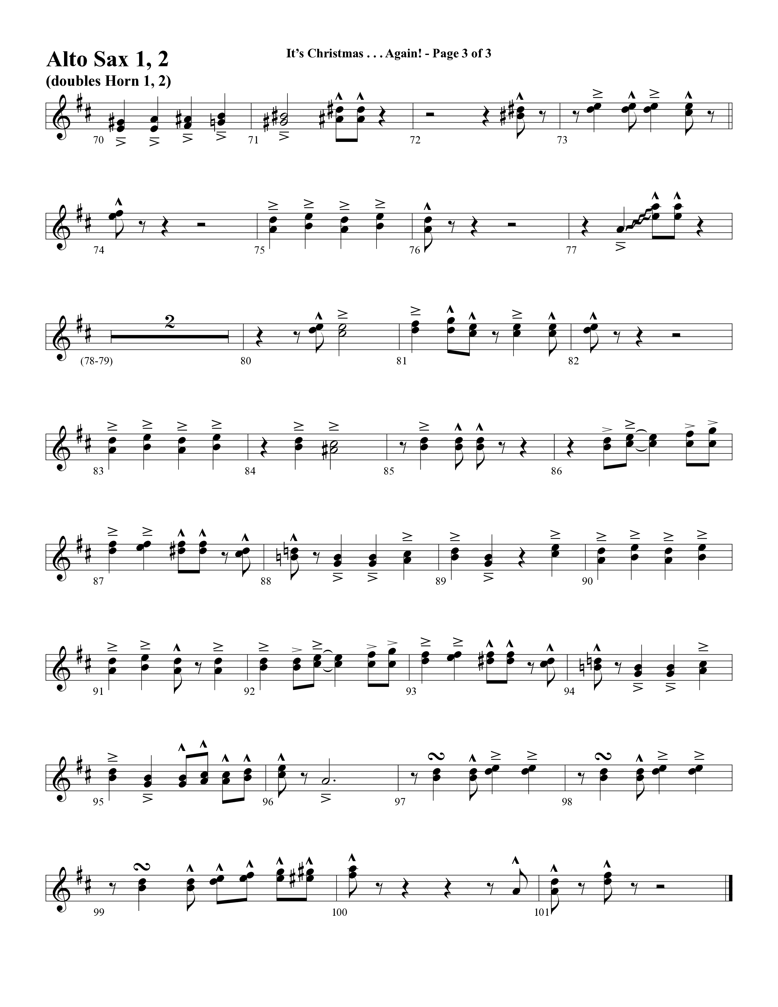It's Christmas Again (Choral Anthem SATB) Alto Sax 1/2 (Word Music Choral / Arr. David Clydesdale)