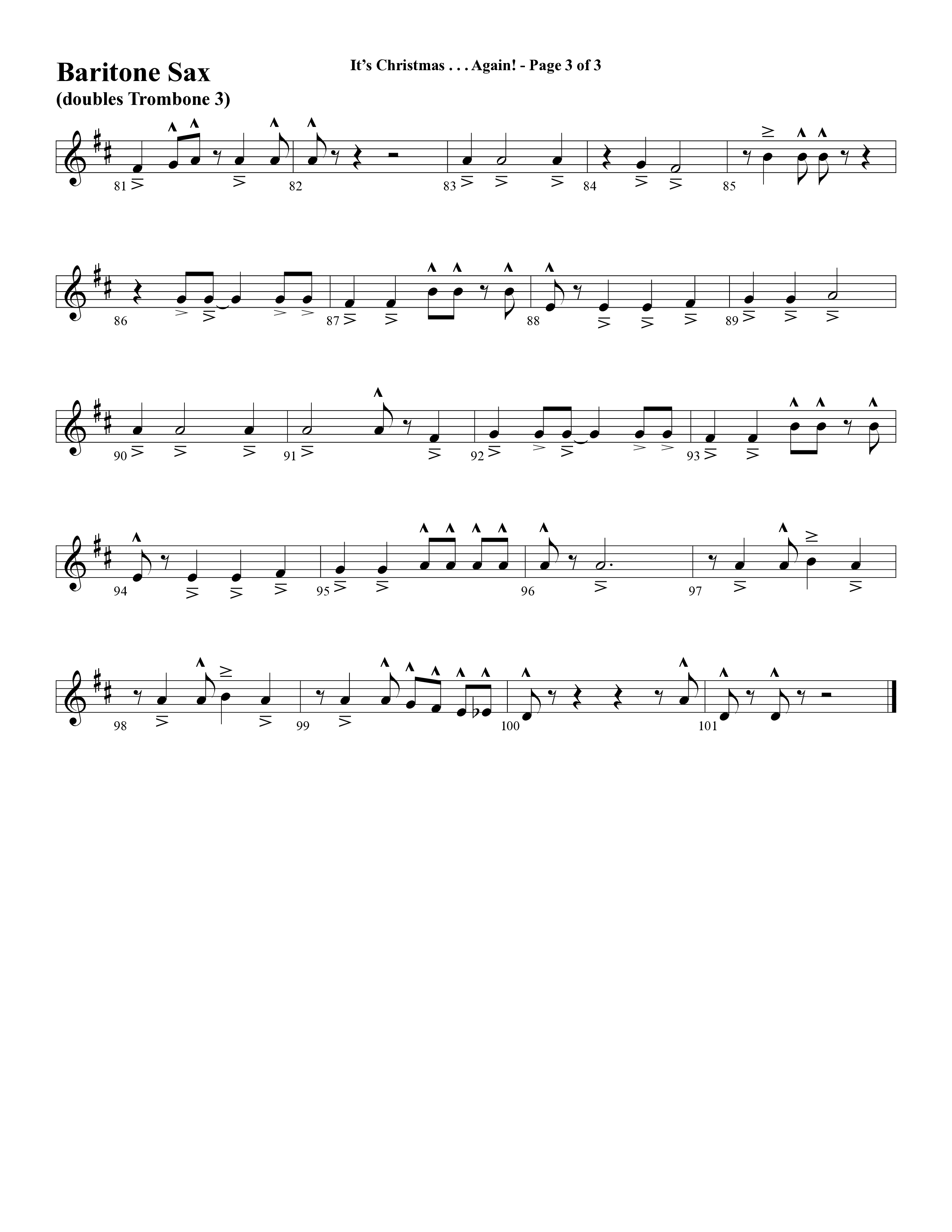 It's Christmas Again (Choral Anthem SATB) Bari Sax (Word Music Choral / Arr. David Clydesdale)