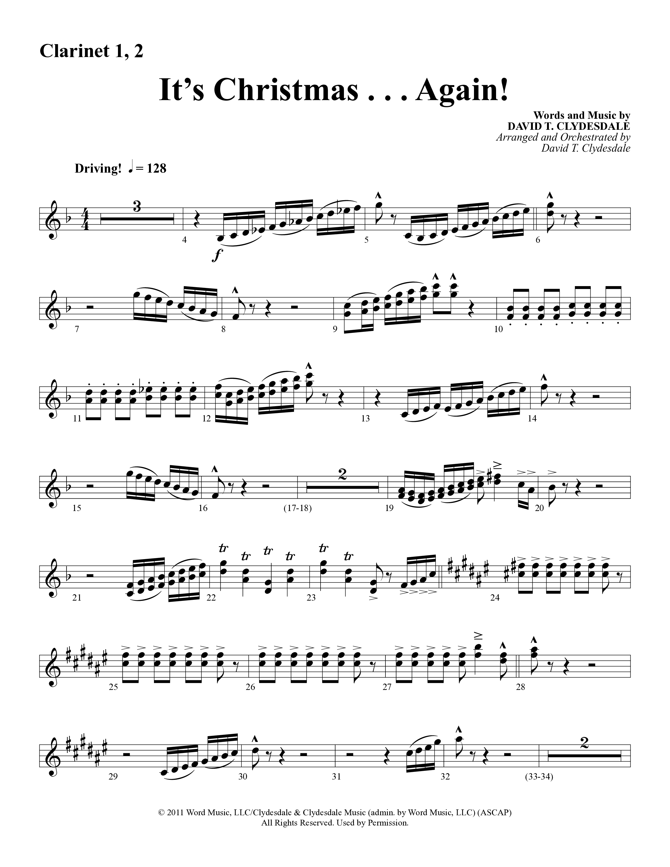 It's Christmas Again (Choral Anthem SATB) Clarinet 1/2 (Word Music Choral / Arr. David Clydesdale)