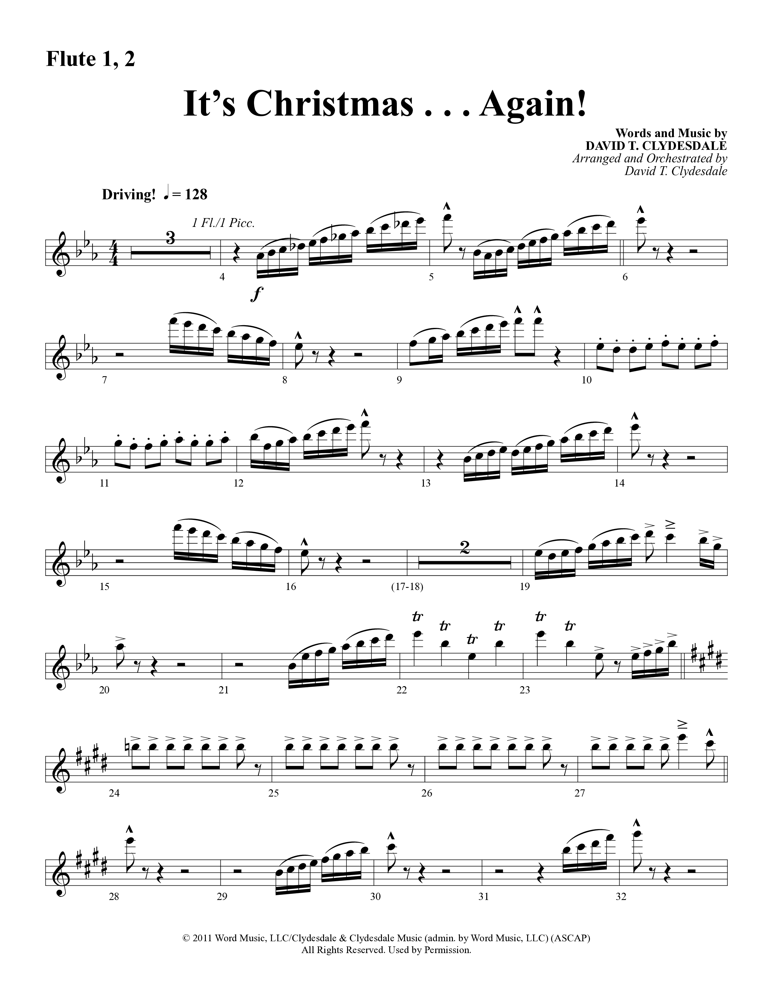 It's Christmas Again (Choral Anthem SATB) Flute 1/2 (Word Music Choral / Arr. David Clydesdale)