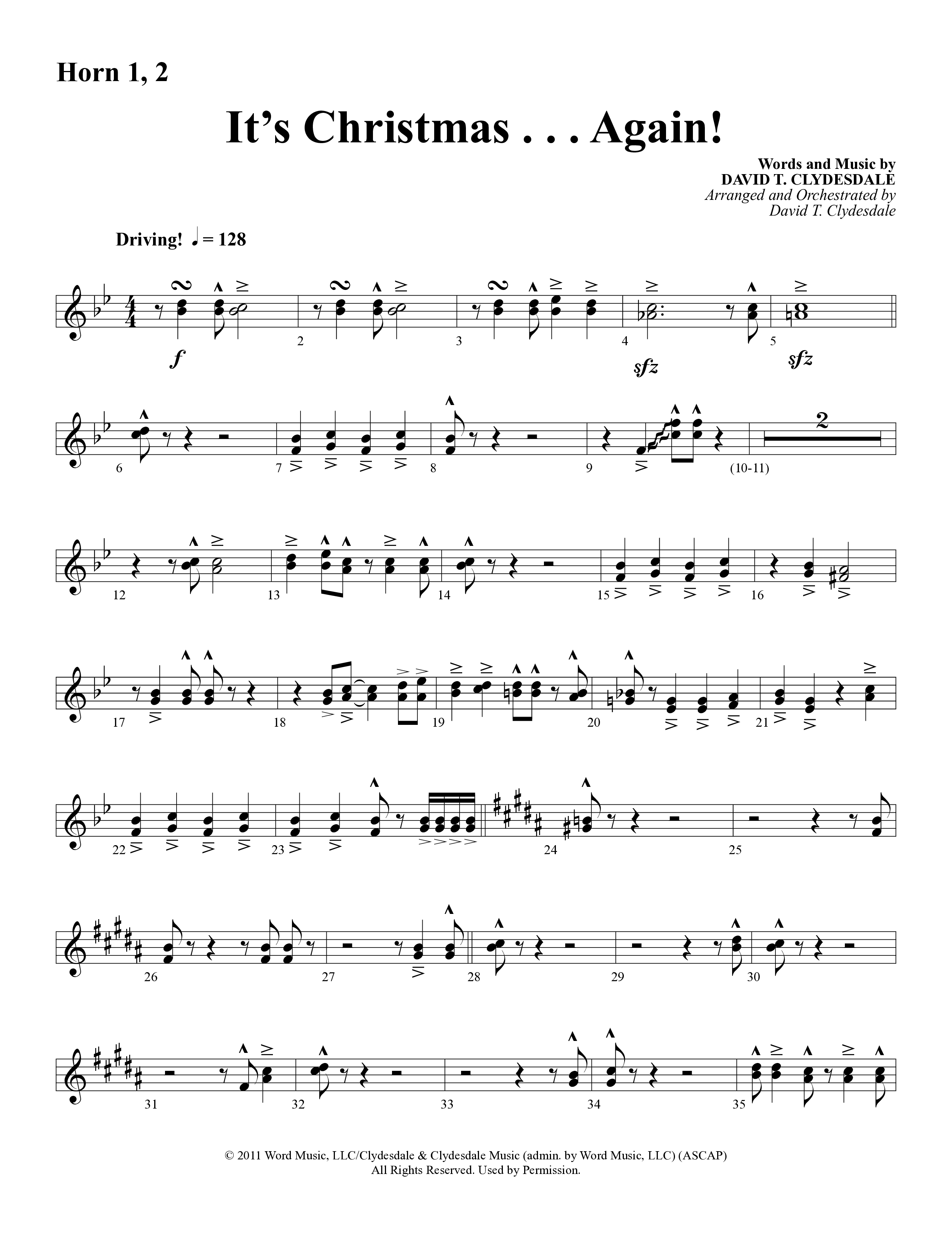 It's Christmas Again (Choral Anthem SATB) French Horn 1/2 (Word Music Choral / Arr. David Clydesdale)