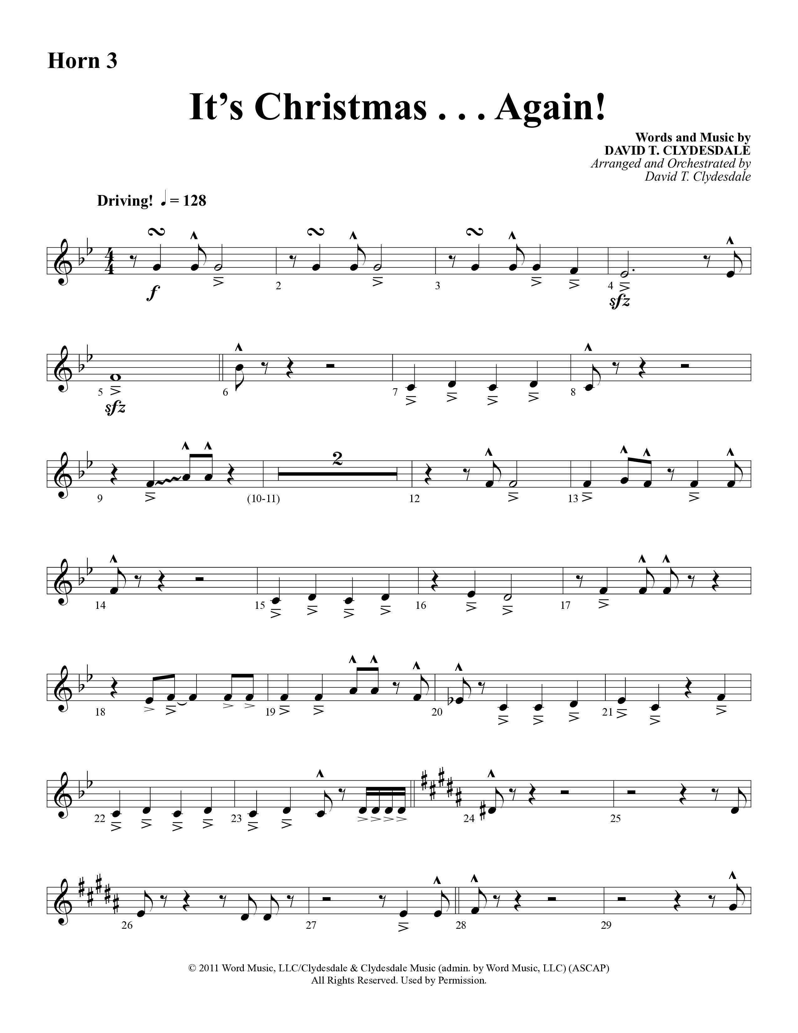 It's Christmas Again (Choral Anthem SATB) French Horn 3 (Word Music Choral / Arr. David Clydesdale)