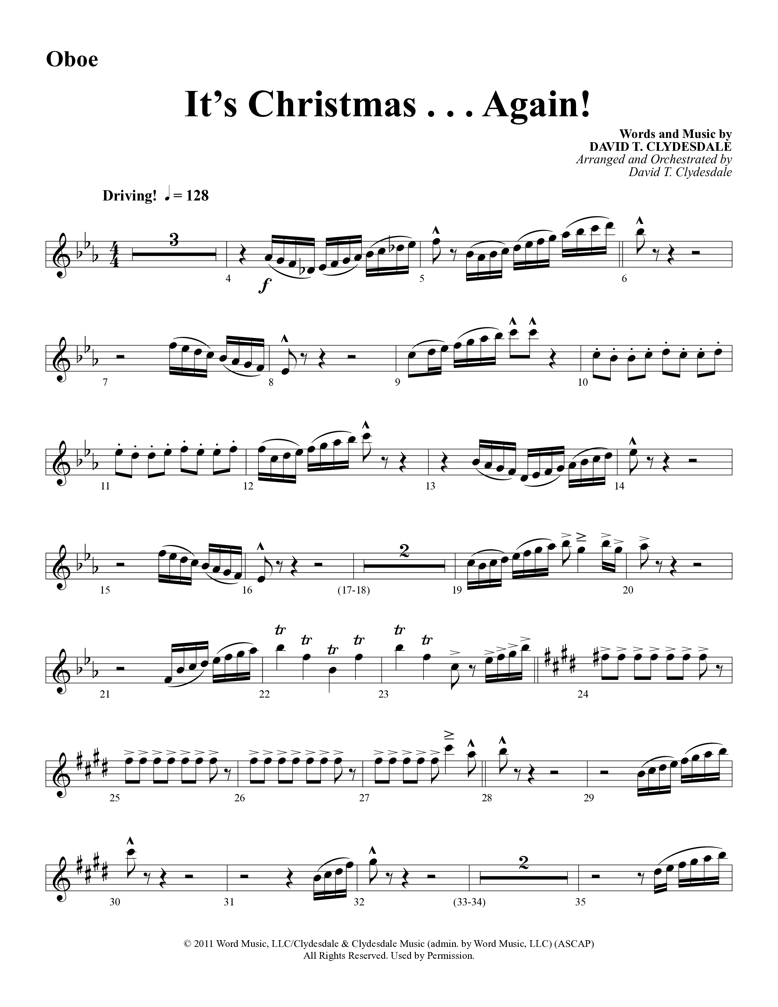 It's Christmas Again (Choral Anthem SATB) Oboe (Word Music Choral / Arr. David Clydesdale)