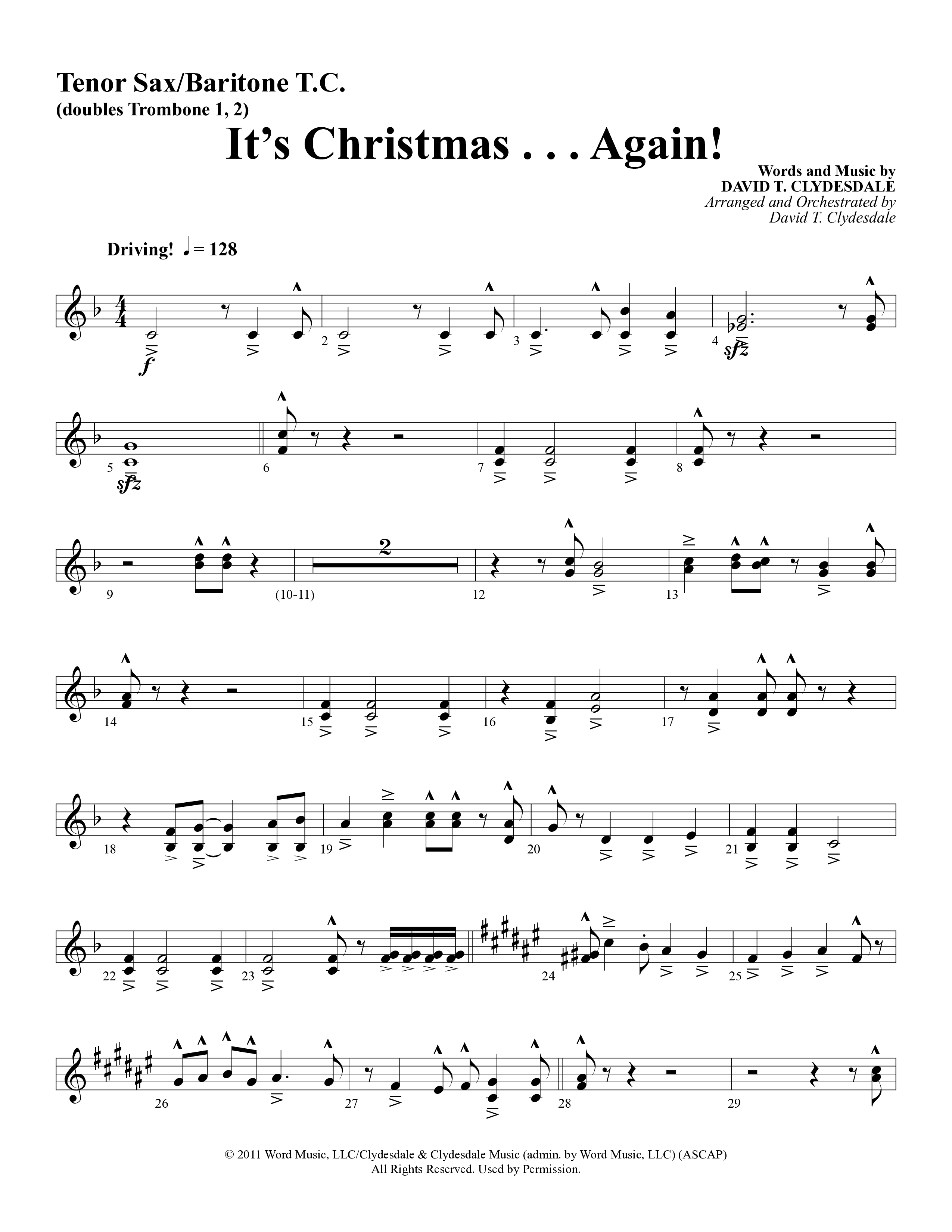 It's Christmas Again (Choral Anthem SATB) Tenor Sax/Baritone T.C. (Word Music Choral / Arr. David Clydesdale)