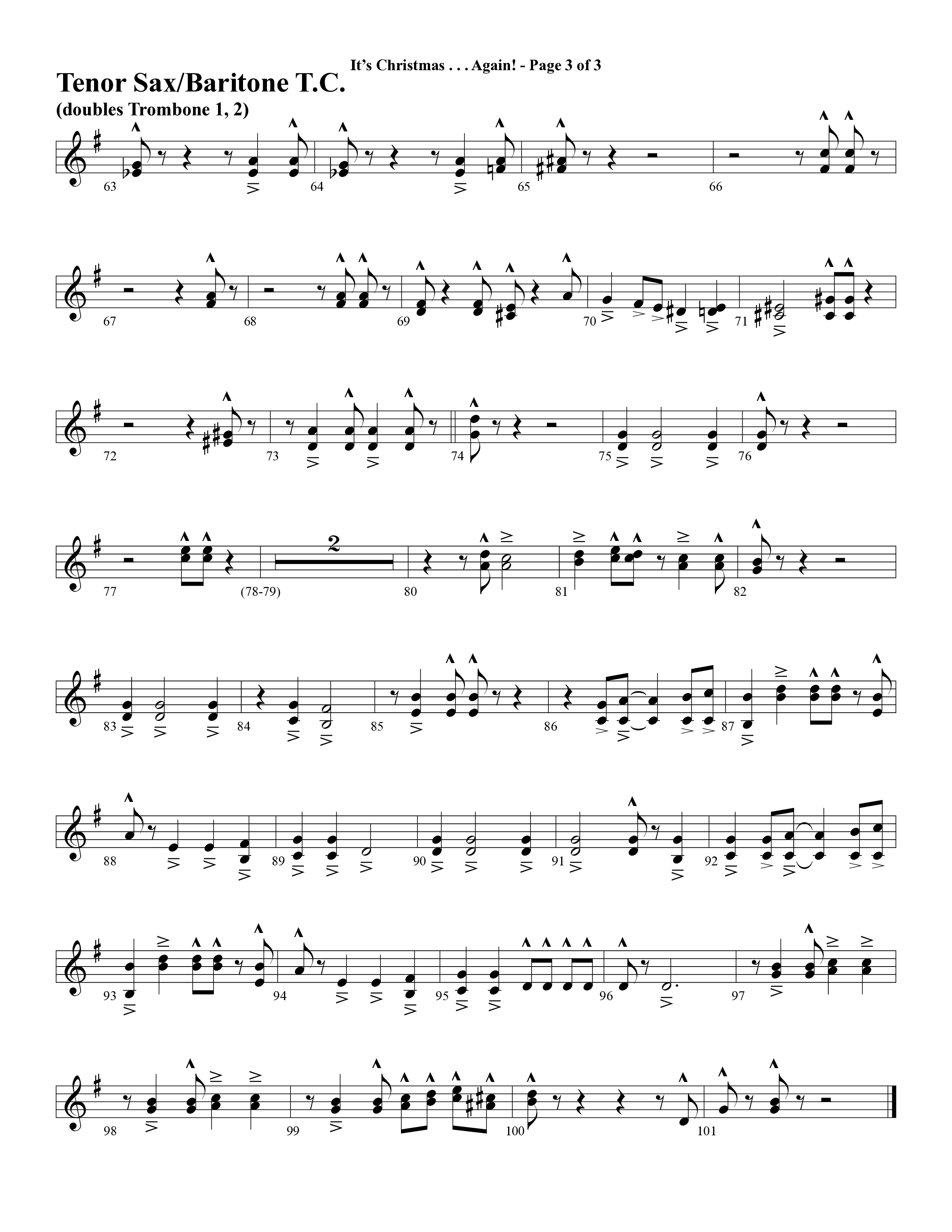 It's Christmas Again (Choral Anthem SATB) Tenor Sax/Baritone T.C. (Word Music Choral / Arr. David Clydesdale)