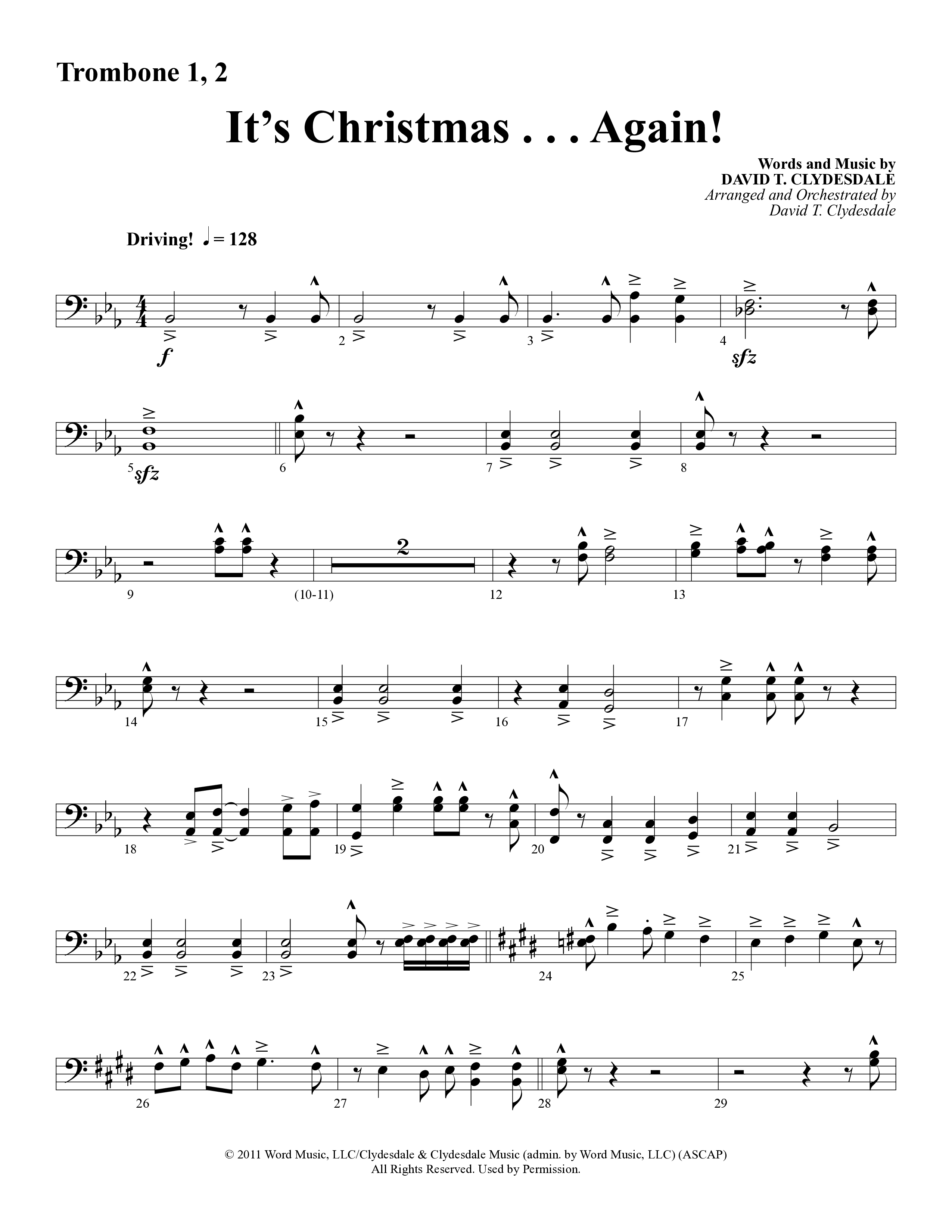 It's Christmas Again (Choral Anthem SATB) Trombone 1/2 (Word Music Choral / Arr. David Clydesdale)
