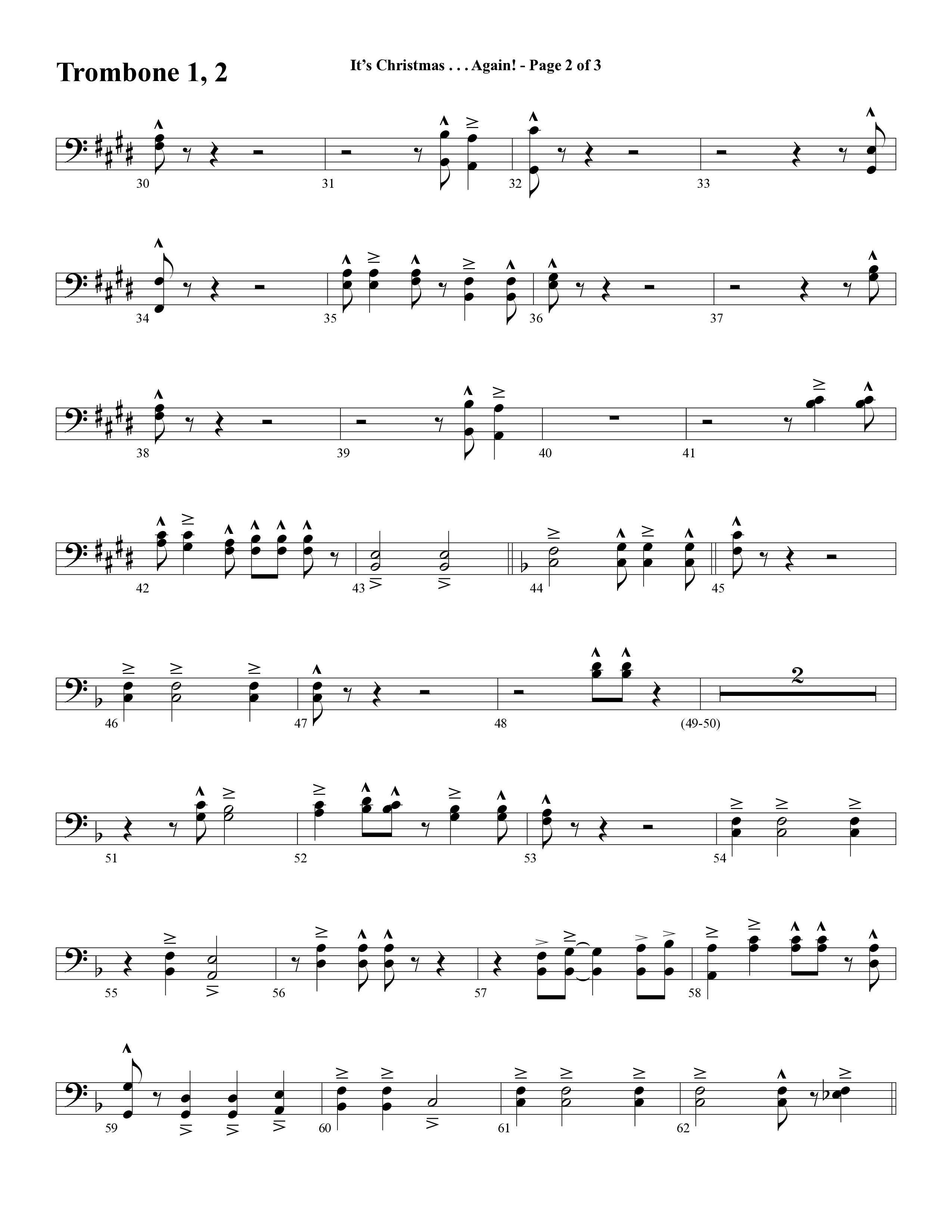 It's Christmas Again (Choral Anthem SATB) Trombone 1/2 (Word Music Choral / Arr. David Clydesdale)