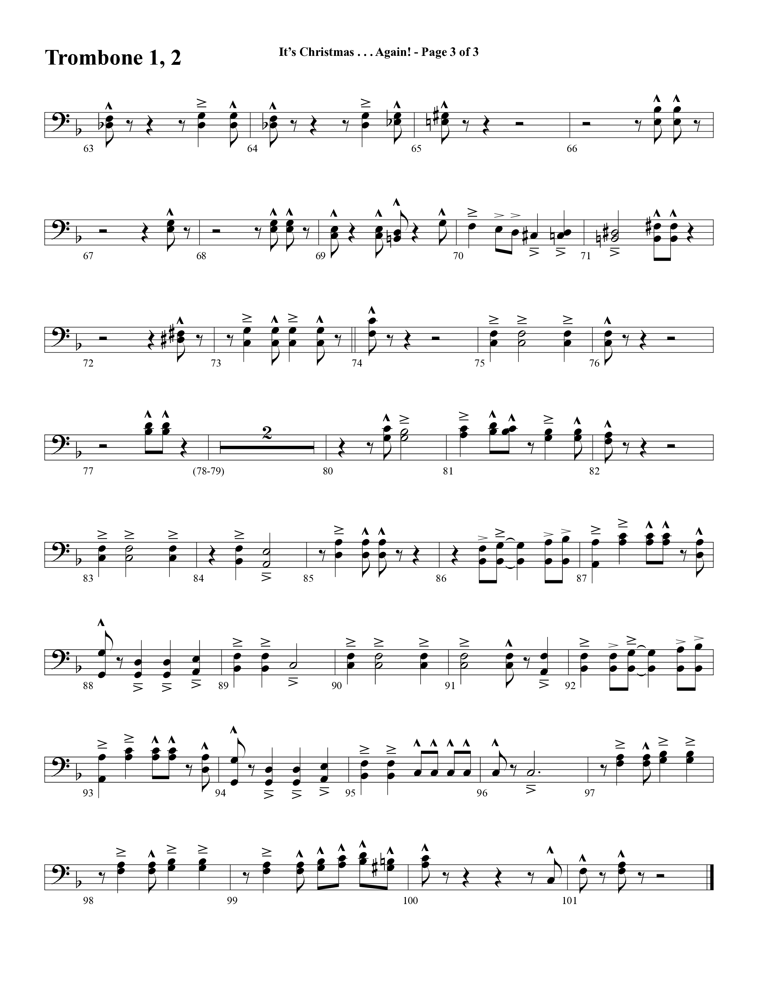 It's Christmas Again (Choral Anthem SATB) Trombone 1/2 (Word Music Choral / Arr. David Clydesdale)