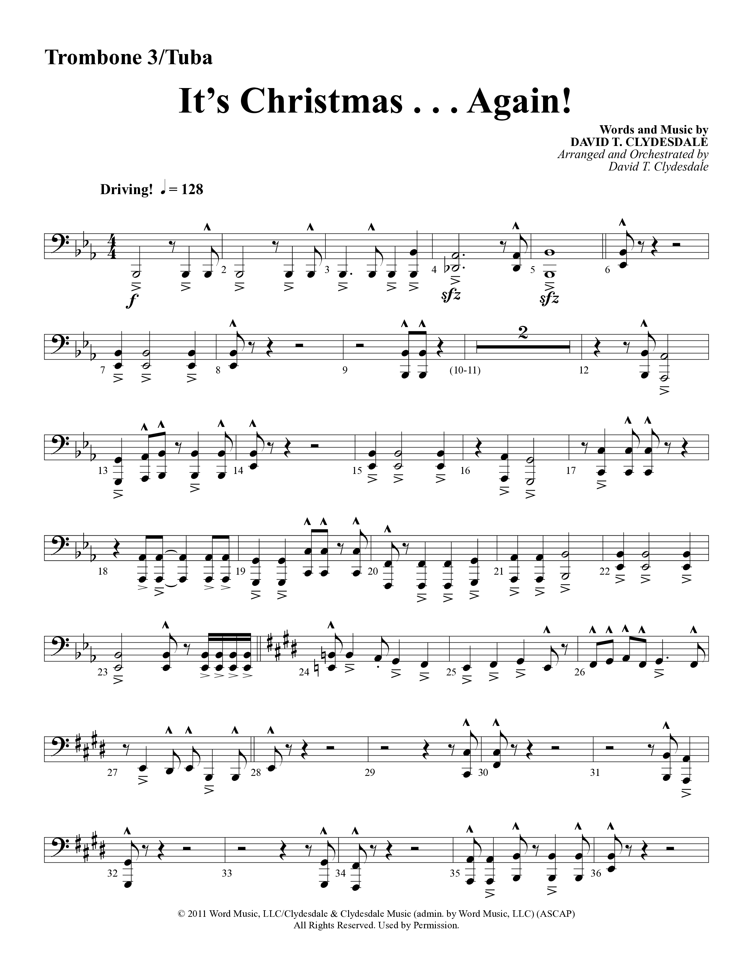 It's Christmas Again (Choral Anthem SATB) Trombone 3/Tuba (Word Music Choral / Arr. David Clydesdale)