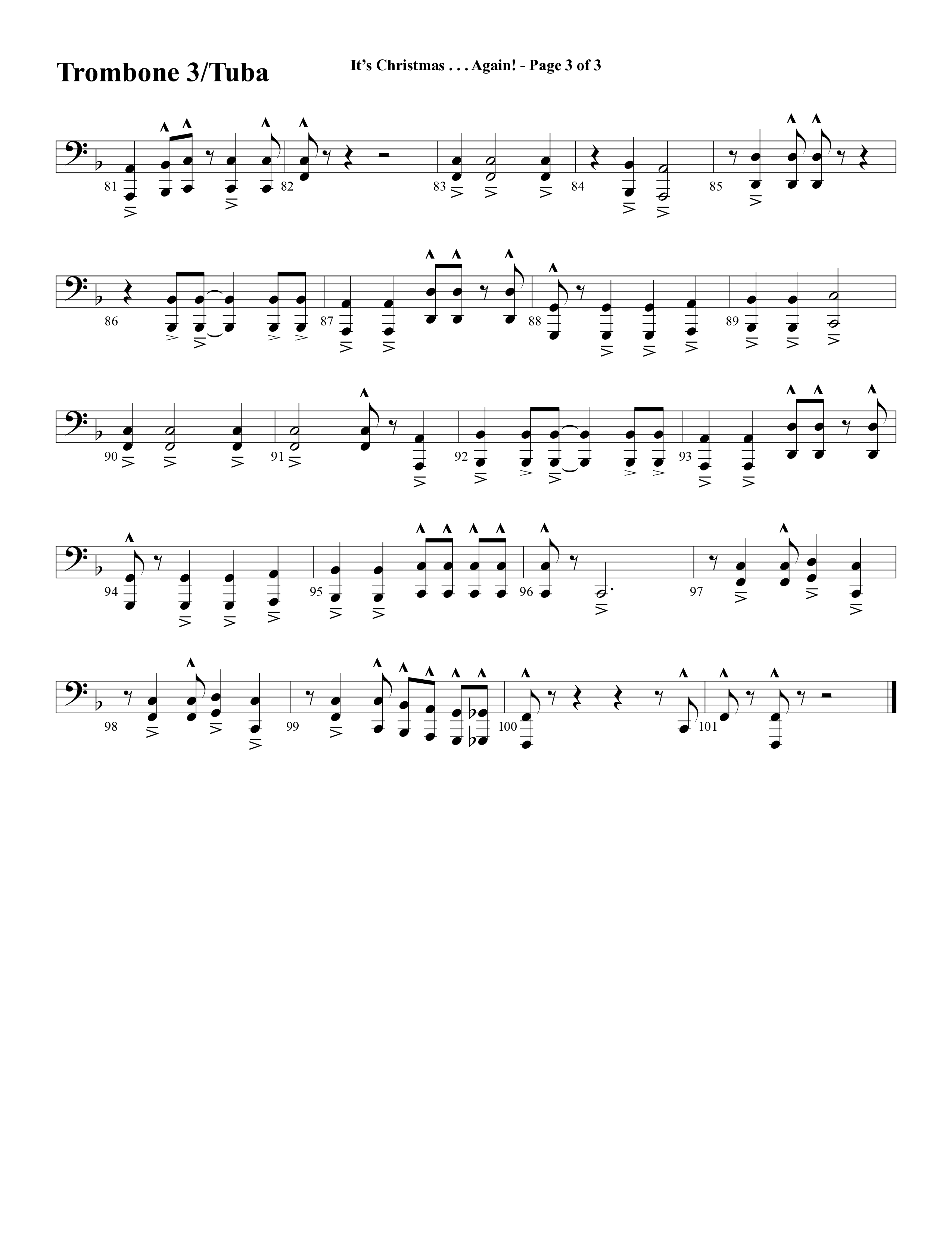 It's Christmas Again (Choral Anthem SATB) Trombone 3/Tuba (Word Music Choral / Arr. David Clydesdale)