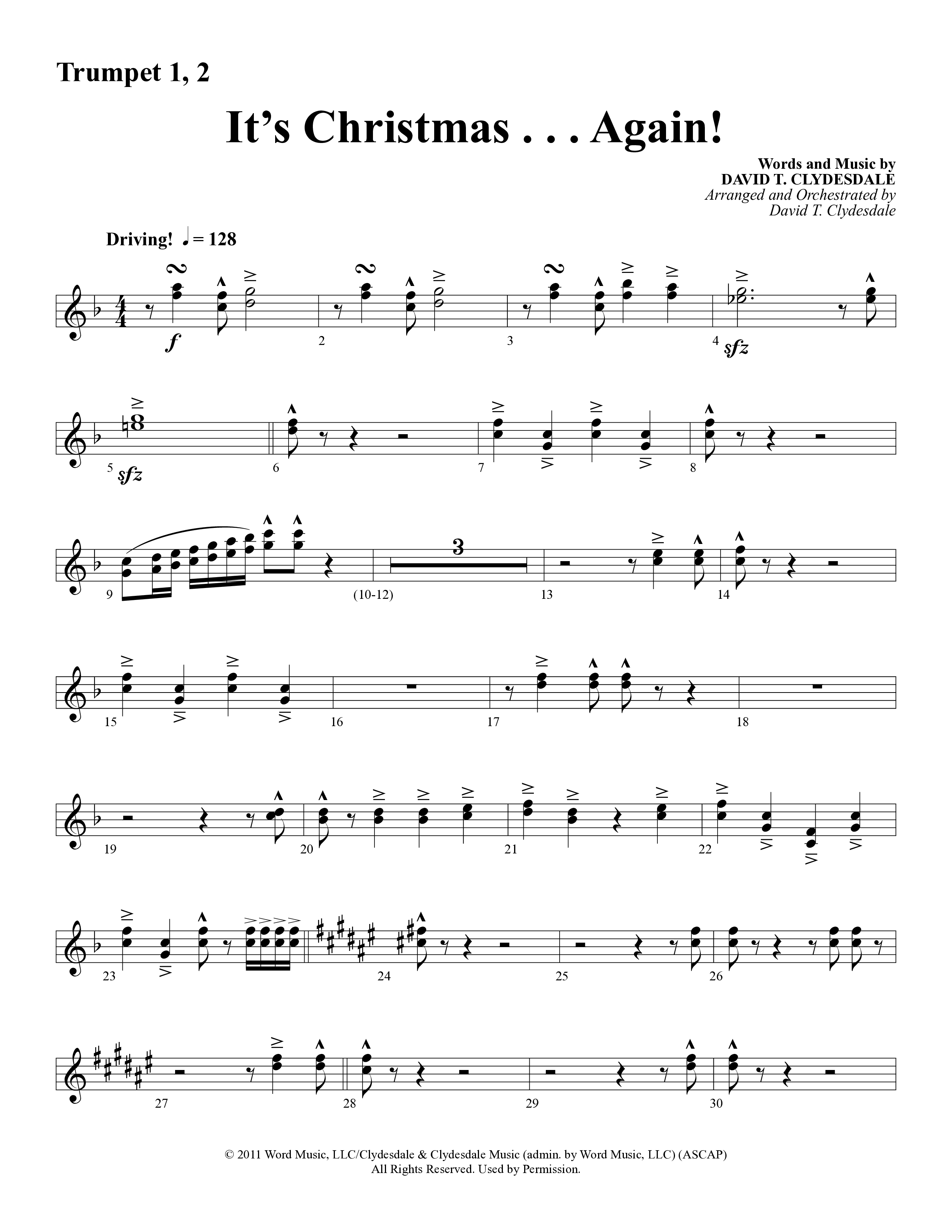 It's Christmas Again (Choral Anthem SATB) Trumpet 1,2 (Word Music Choral / Arr. David Clydesdale)
