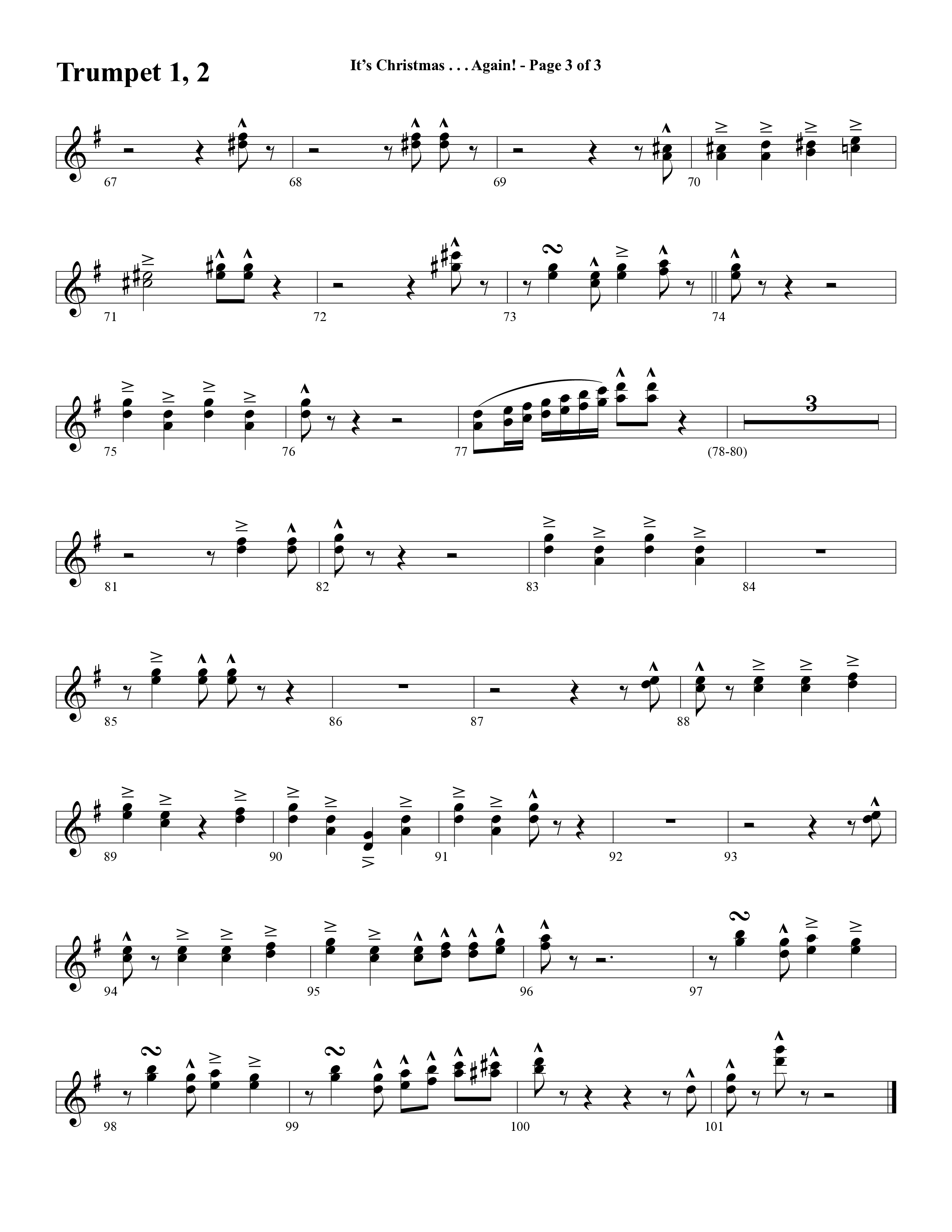 It's Christmas Again (Choral Anthem SATB) Trumpet 1,2 (Word Music Choral / Arr. David Clydesdale)