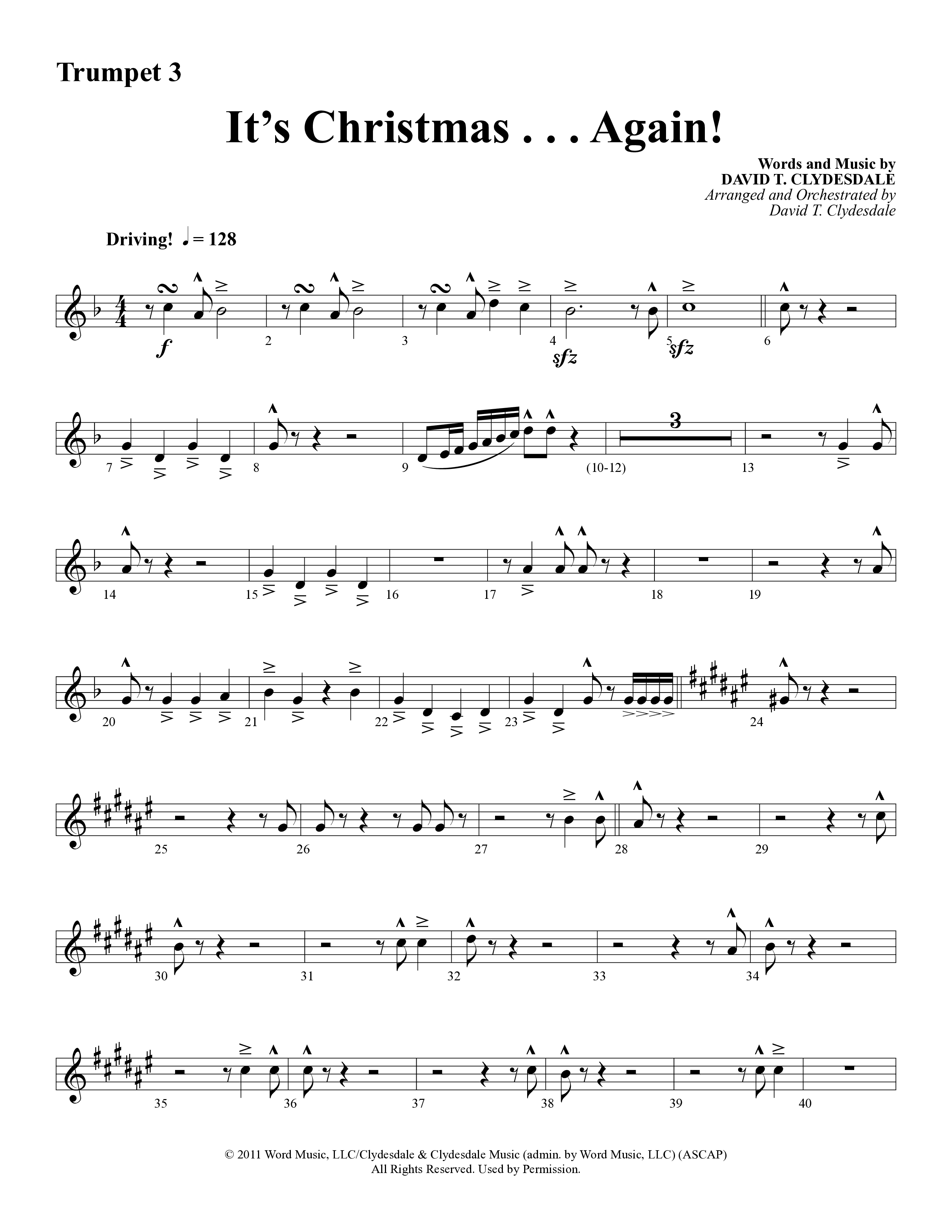 It's Christmas Again (Choral Anthem SATB) Trumpet 3 (Word Music Choral / Arr. David Clydesdale)