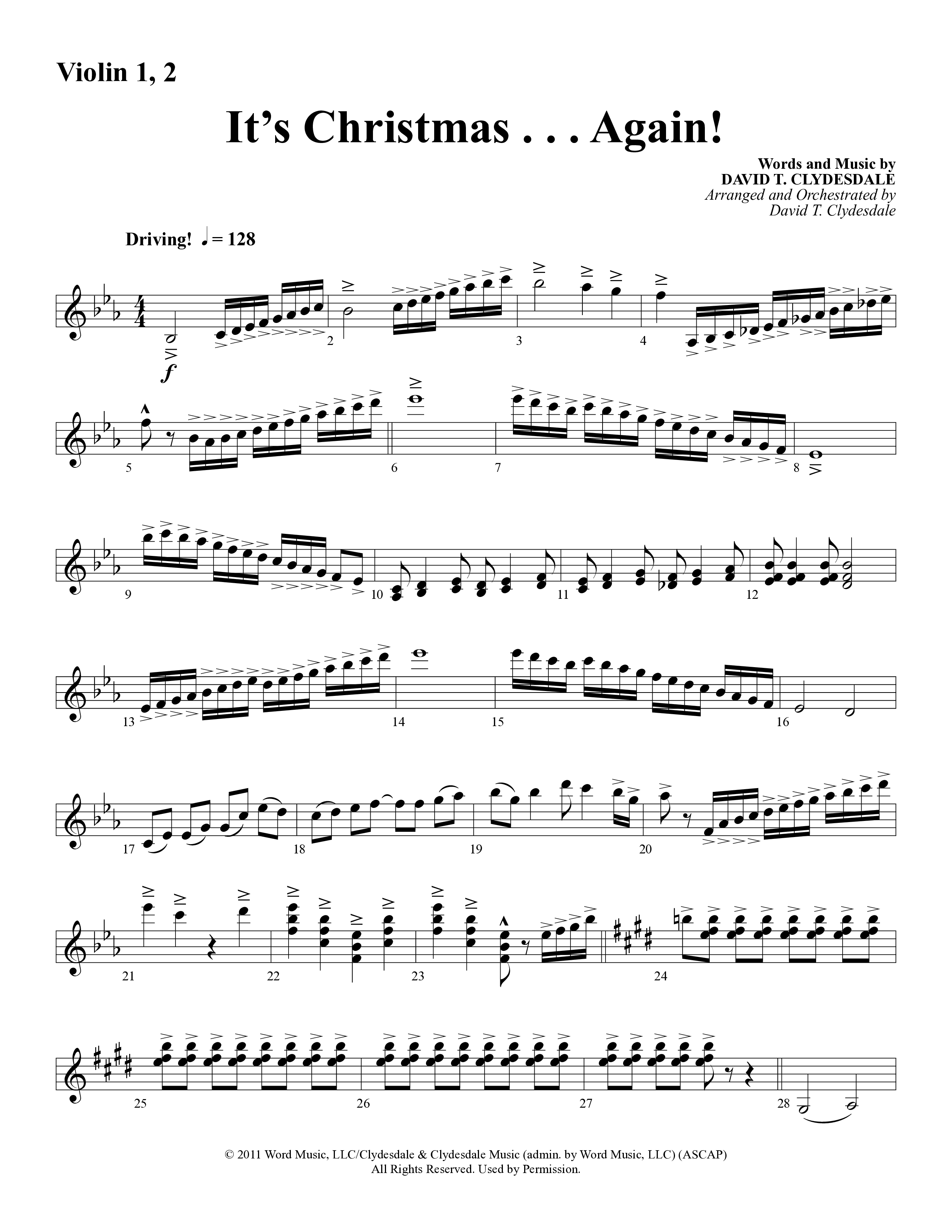 It's Christmas Again (Choral Anthem SATB) Violin 1/2 (Word Music Choral / Arr. David Clydesdale)