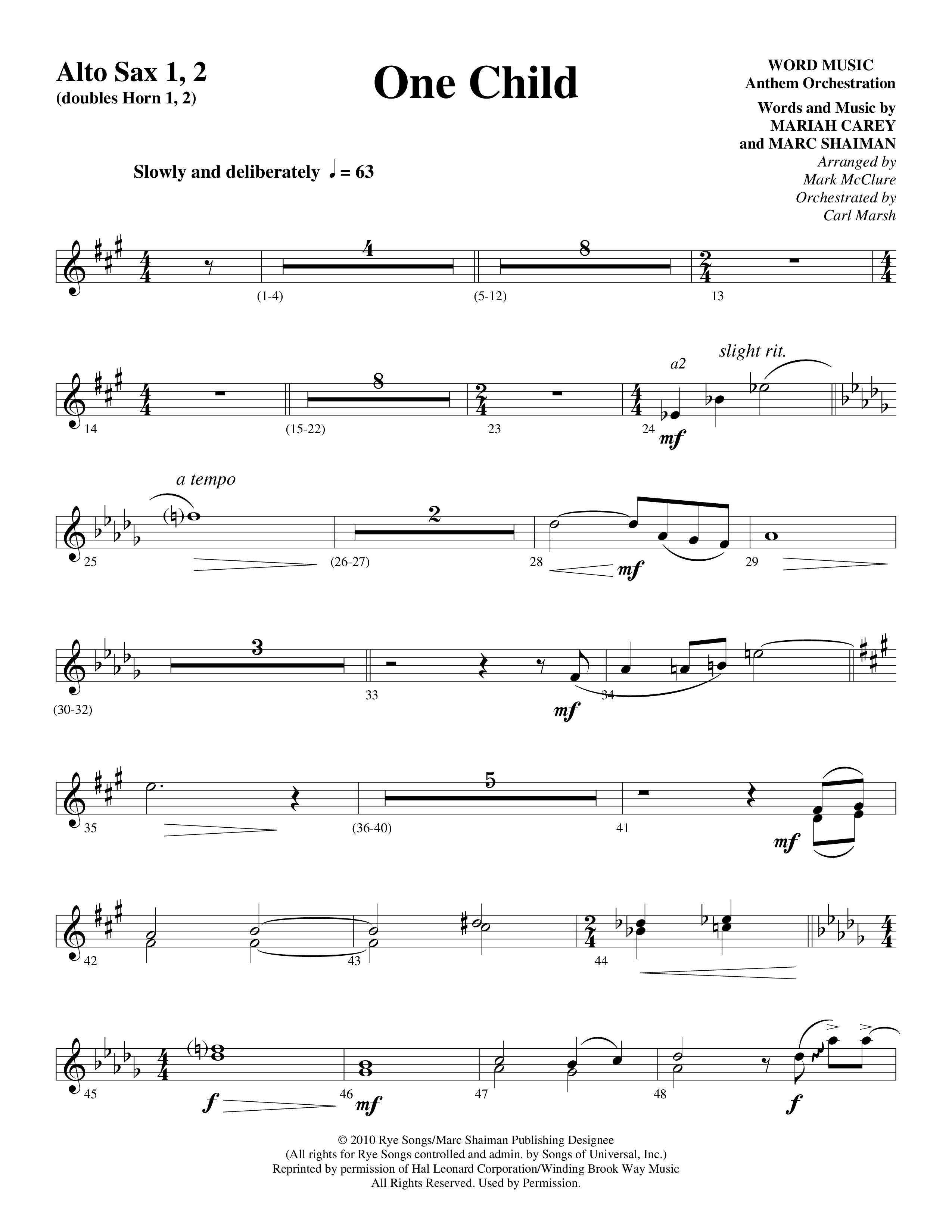One Child Alto Sax 1/2 (Word Music Choral / Arr. Mark McClure / Orch. Carl Marsh)