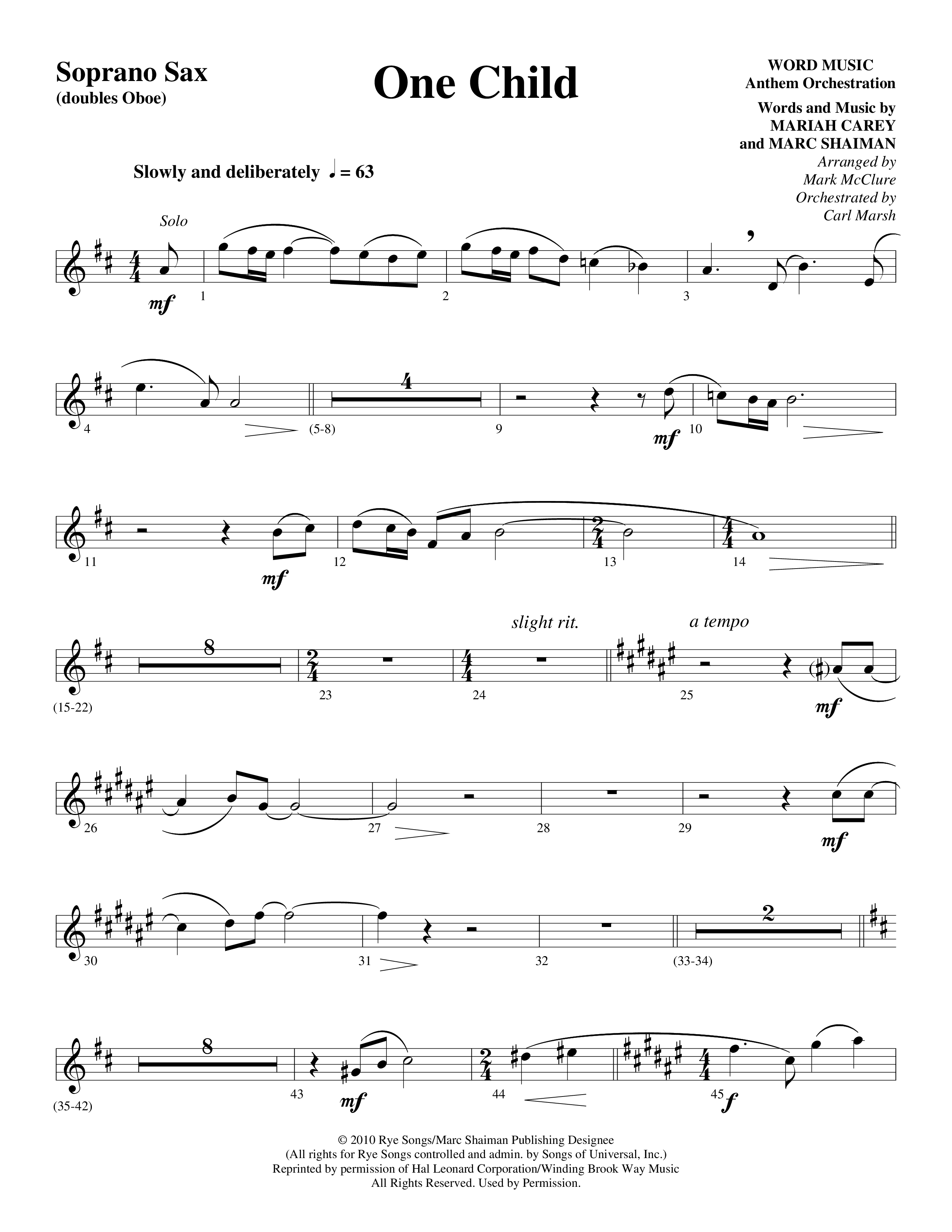 One Child Soprano Sax (Word Music Choral / Arr. Mark McClure / Orch. Carl Marsh)