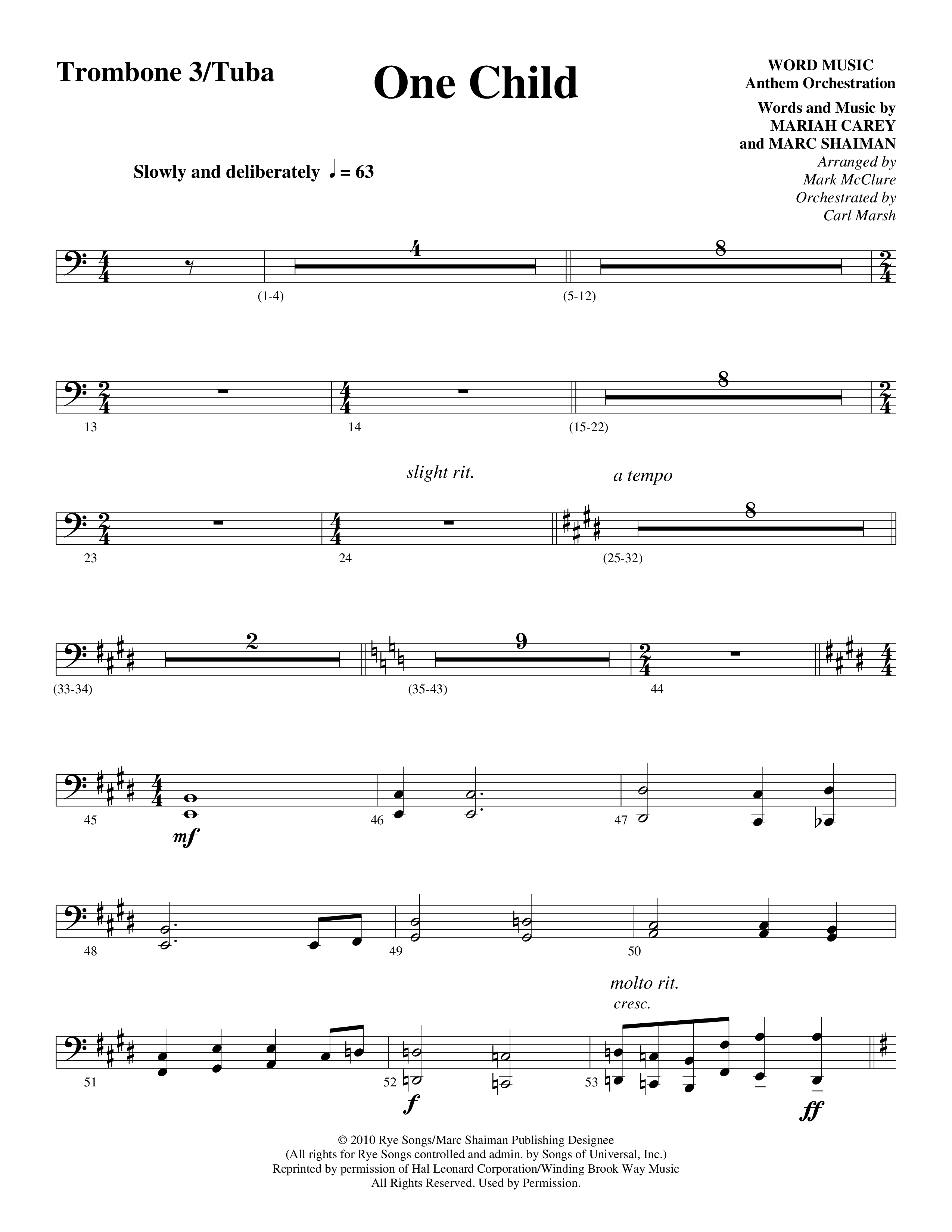 One Child (Choral Anthem SATB) Trombone 3/Tuba (Word Music Choral / Arr. Mark McClure / Orch. Carl Marsh)