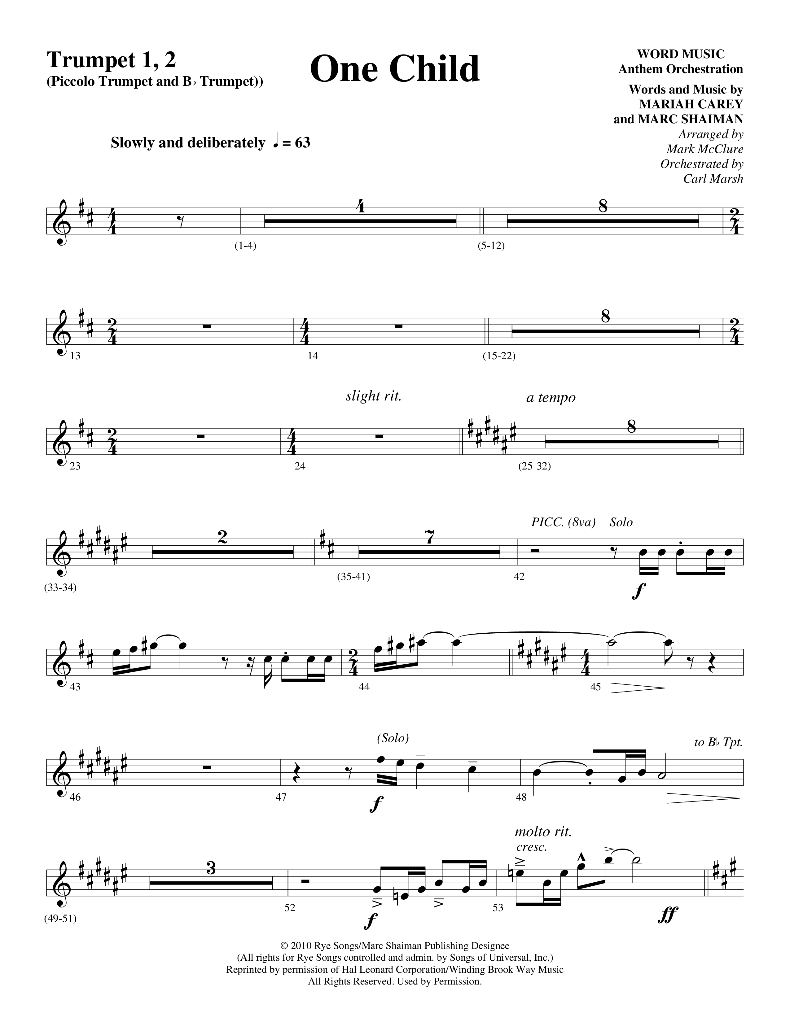 One Child Trumpet 1,2 (Word Music Choral / Arr. Mark McClure / Orch. Carl Marsh)